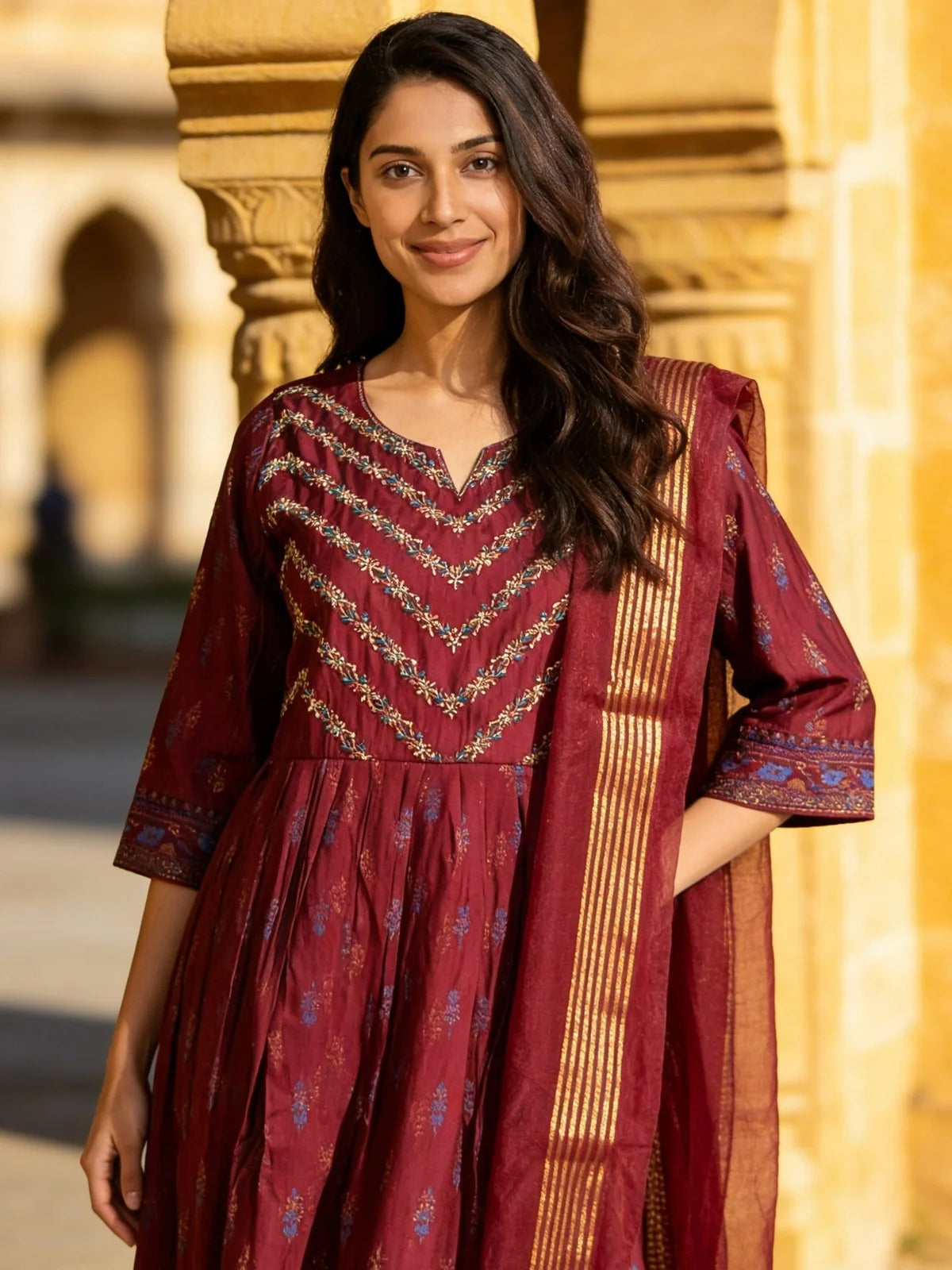 Buy Red Poly Viscose Embroidered Anarkali Calf Length Kurta With Pant and Dupatta-Red