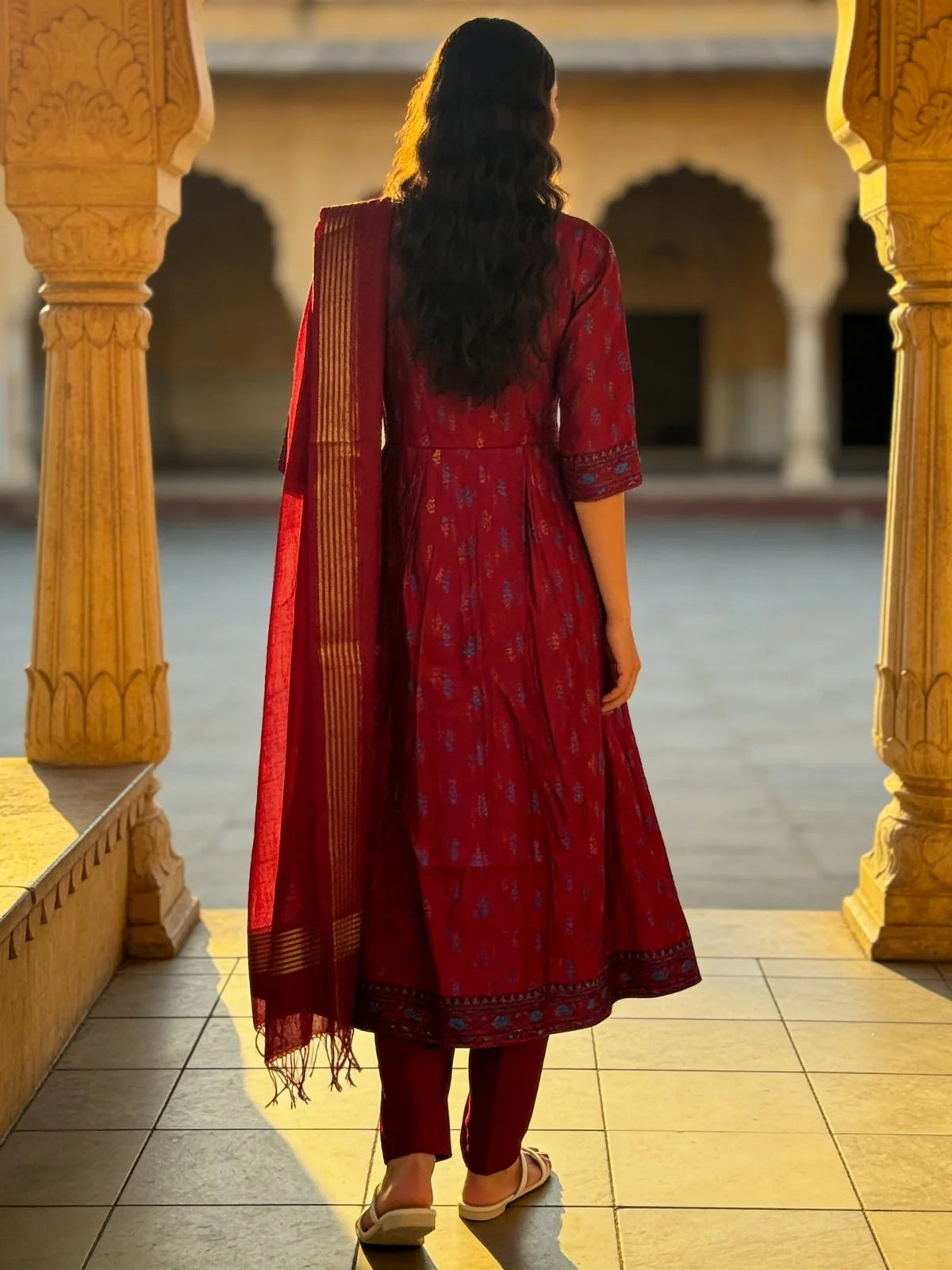 Buy Red Poly Viscose Embroidered Anarkali Calf Length Kurta With Pant and Dupatta-Red
