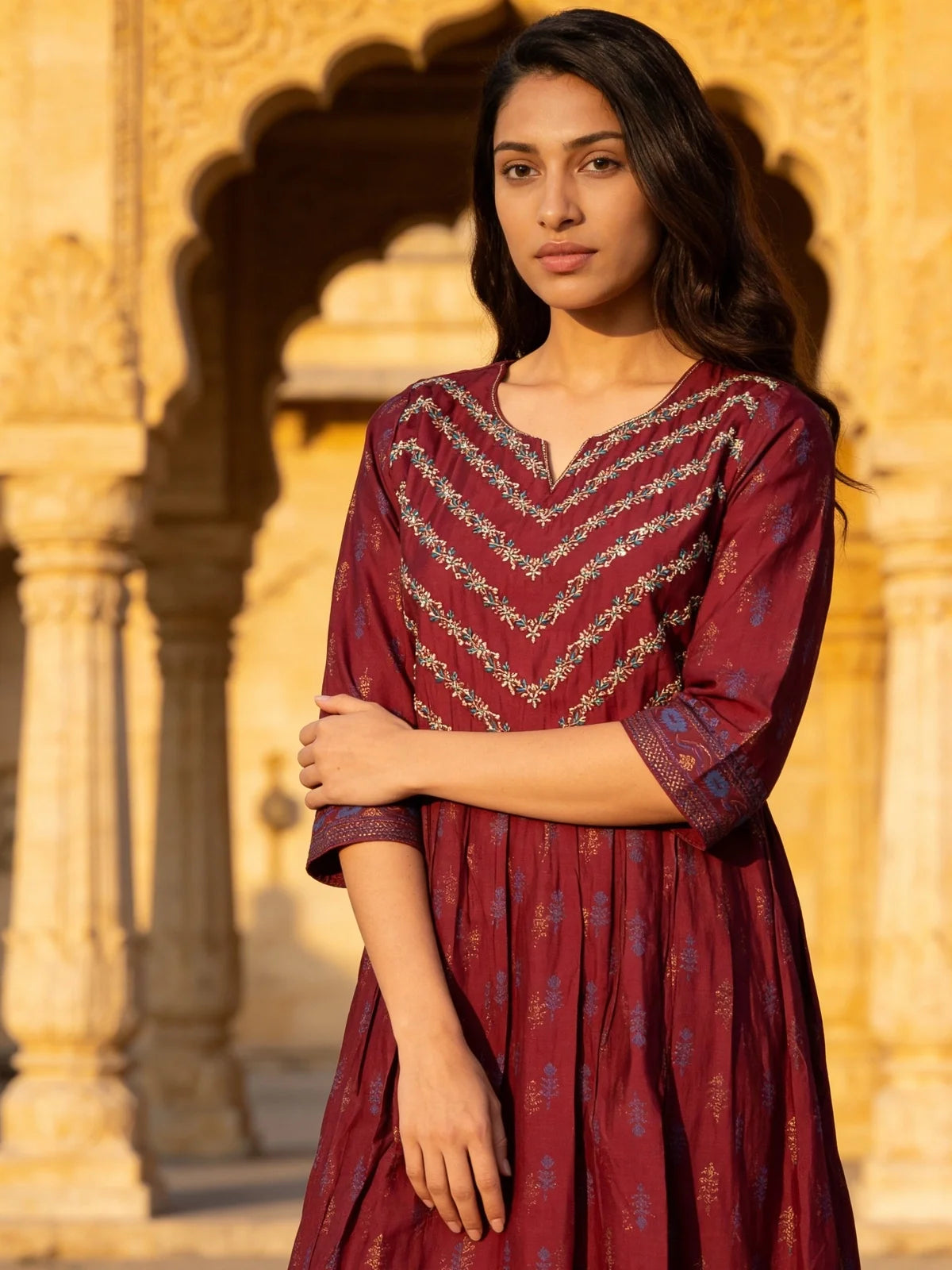 Buy Red Poly Viscose Embroidered Anarkali Calf Length Kurta With Pant and Dupatta-Red