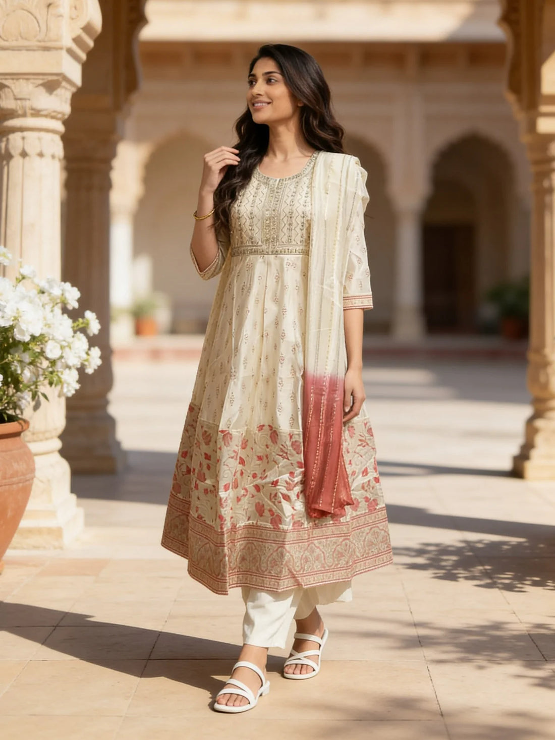 Buy Chanderi Embroidered Anarkali Calf Length Kurta With Pant and Dupatta-White