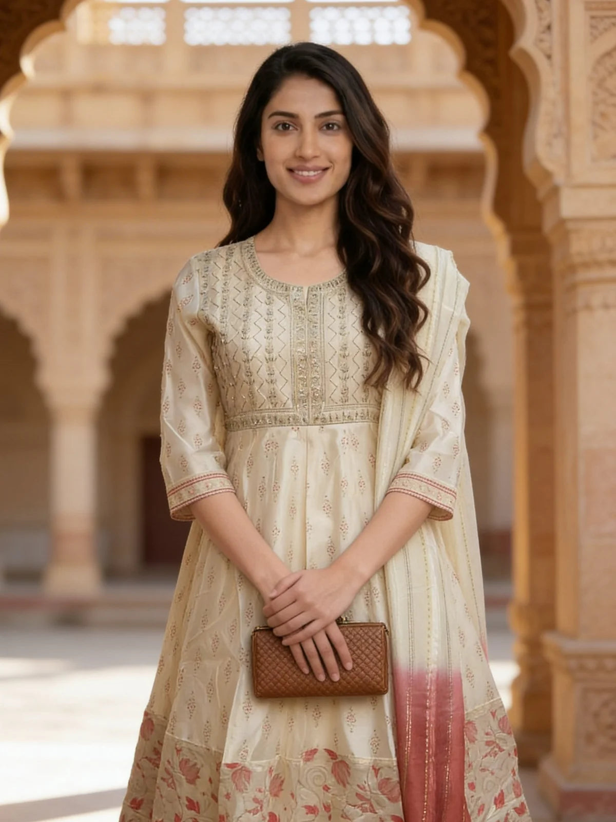 Buy Chanderi Embroidered  Anarkali Calf Length Kurta With Pant and Dupatta-White