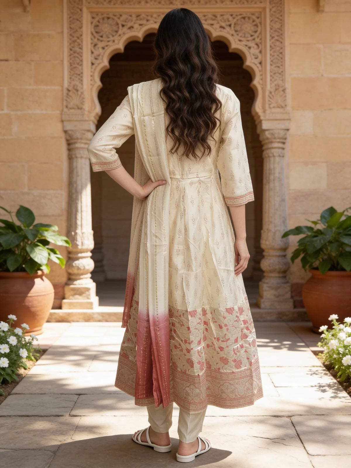 Buy Chanderi Embroidered  Anarkali Calf Length Kurta With Pant and Dupatta-White