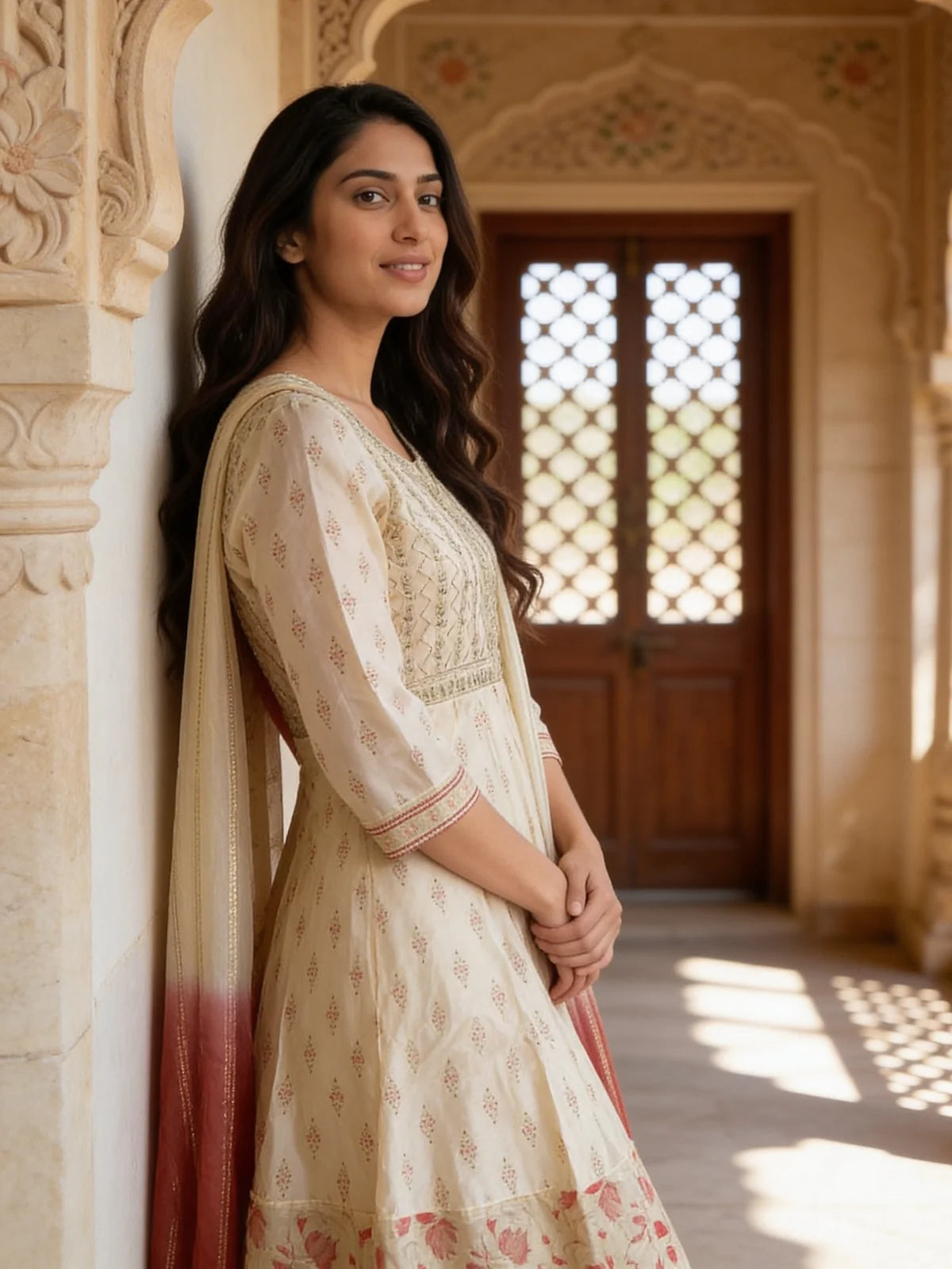 Buy Chanderi Embroidered  Anarkali Calf Length Kurta With Pant and Dupatta-White