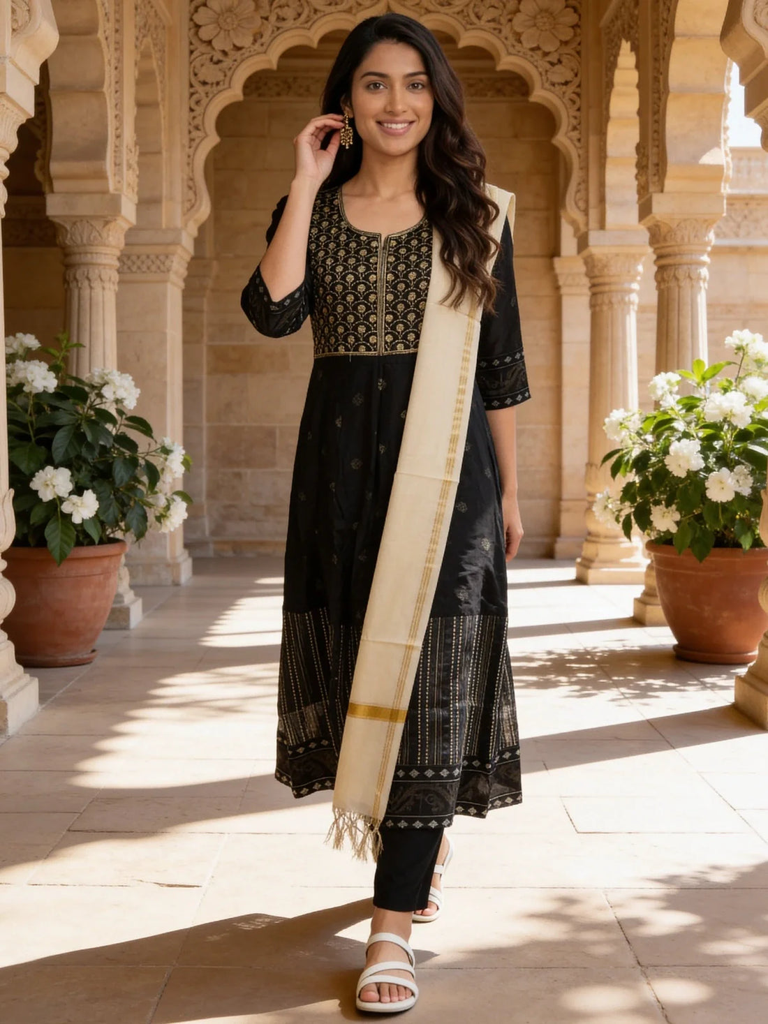 Buy Poly Viscose Embroidered Kalidar Calf Length Kurta With Pant and Dupatta-Black