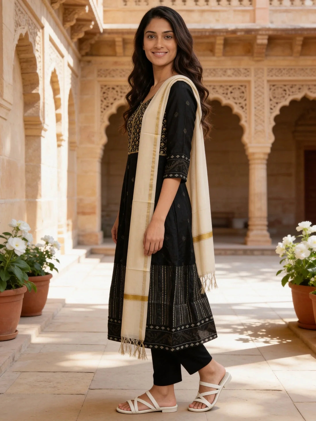 Buy Poly Viscose Embroidered Kalidar Calf Length Kurta With Pant and Dupatta-Black