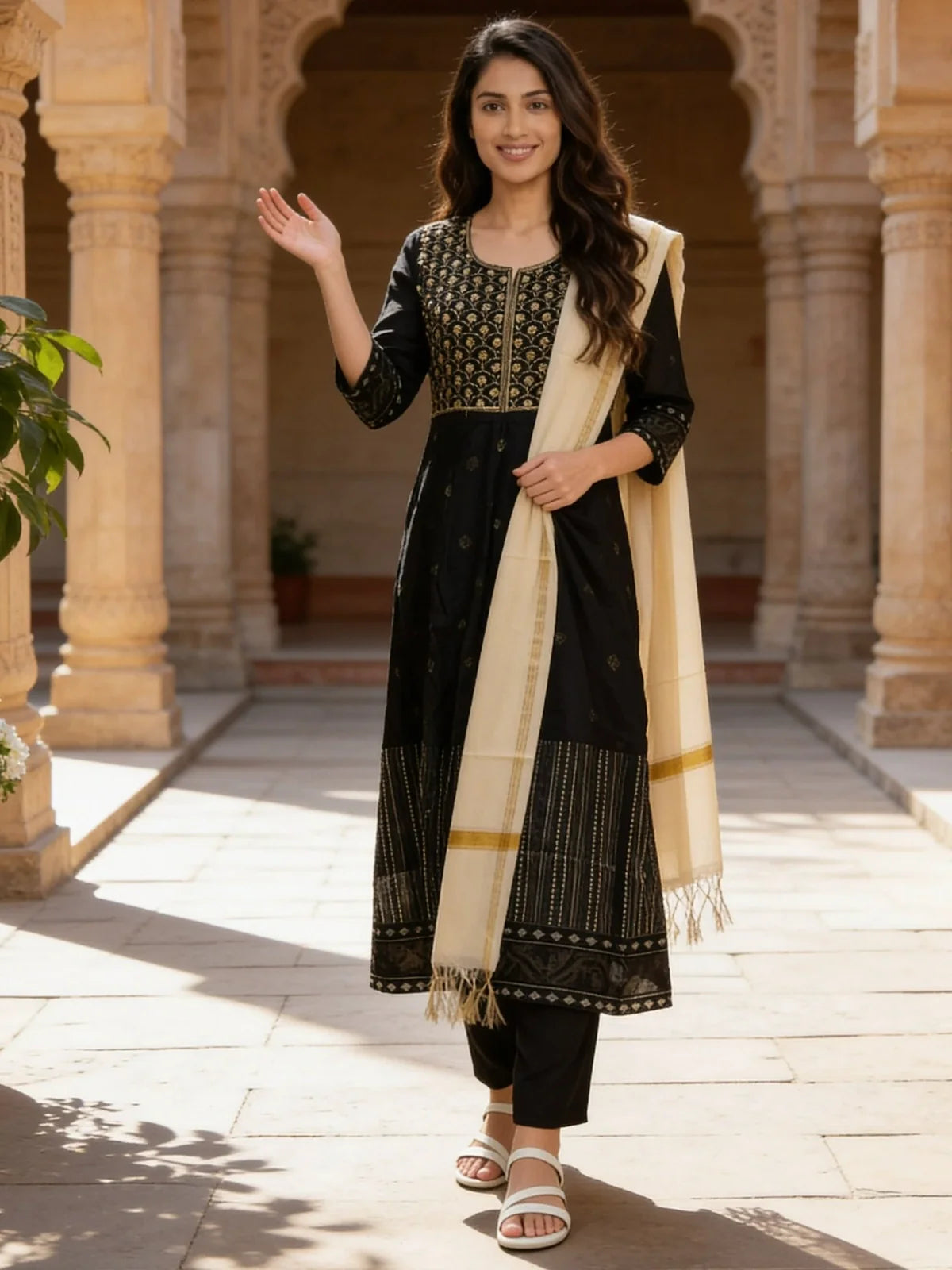 Buy Poly Viscose Embroidered Kalidar Calf Length Kurta With Pant and Dupatta-Black