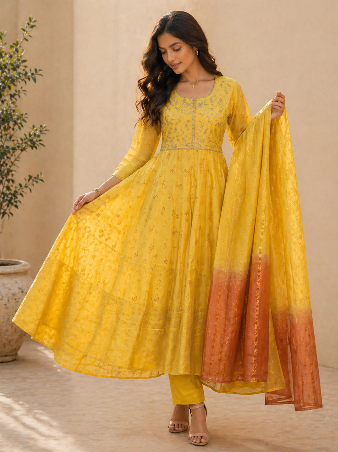 Buy Chanderi Embroidered Anarkali Calf Length Kurta With Pant and Dupatta-Yellow