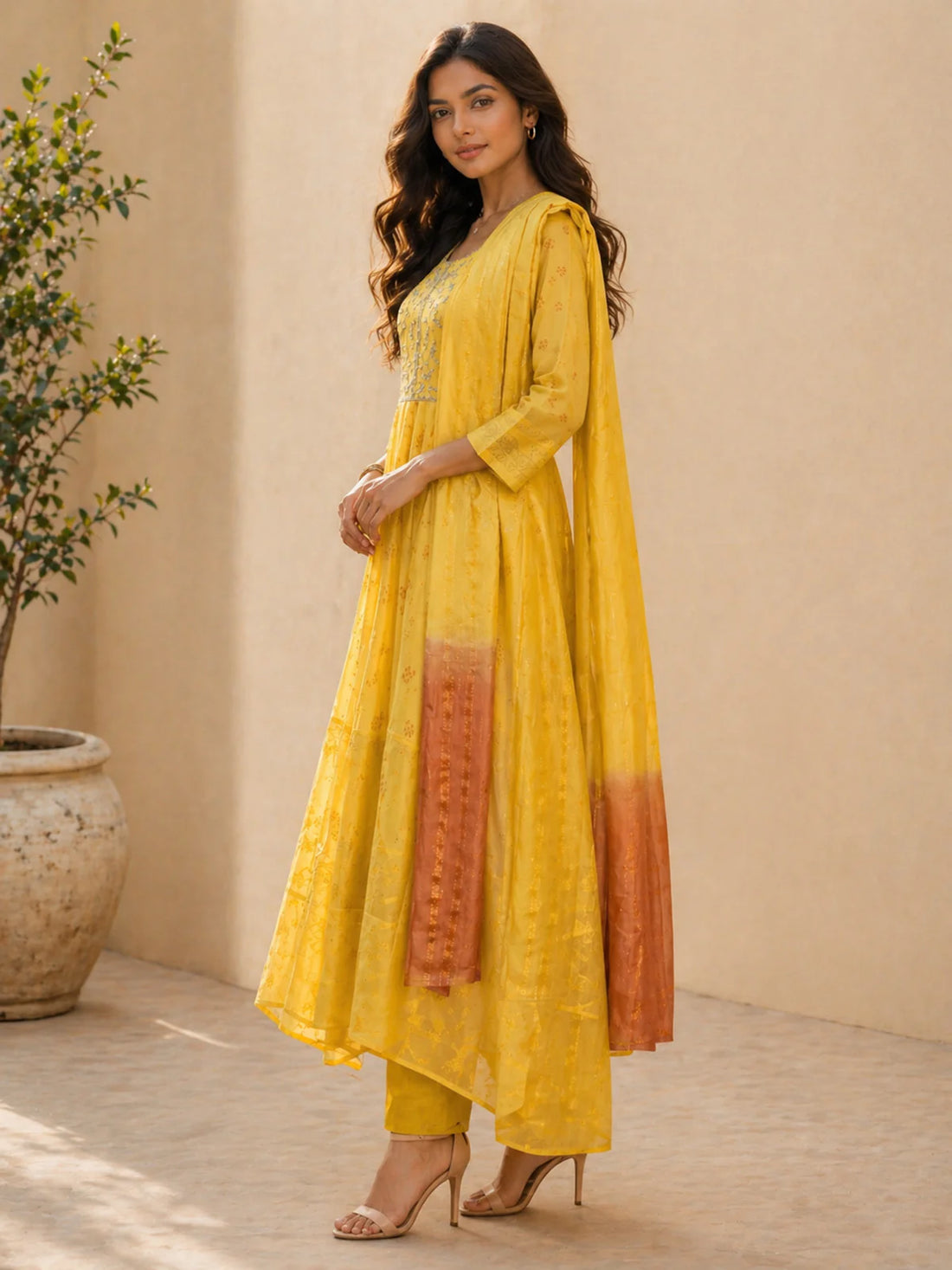 Buy Chanderi Embroidered Anarkali Calf Length Kurta With Pant and Dupatta-Yellow