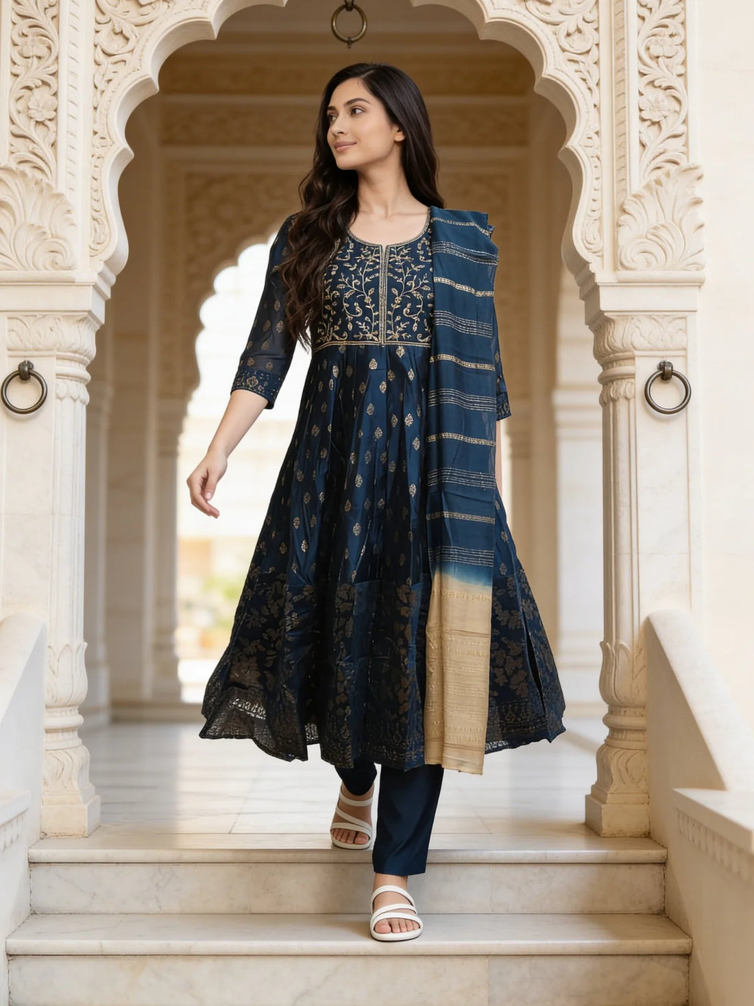 Buy Poly Viscose Embroidered Anarkali Calf Length Kurta With Pant and Dupatta-Blue