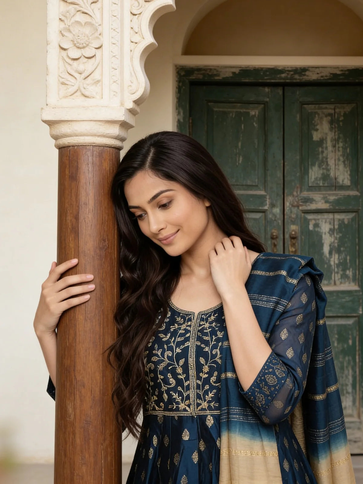 Buy Poly Viscose Embroidered  Anarkali Calf Length Kurta With Pant and Dupatta-Blue