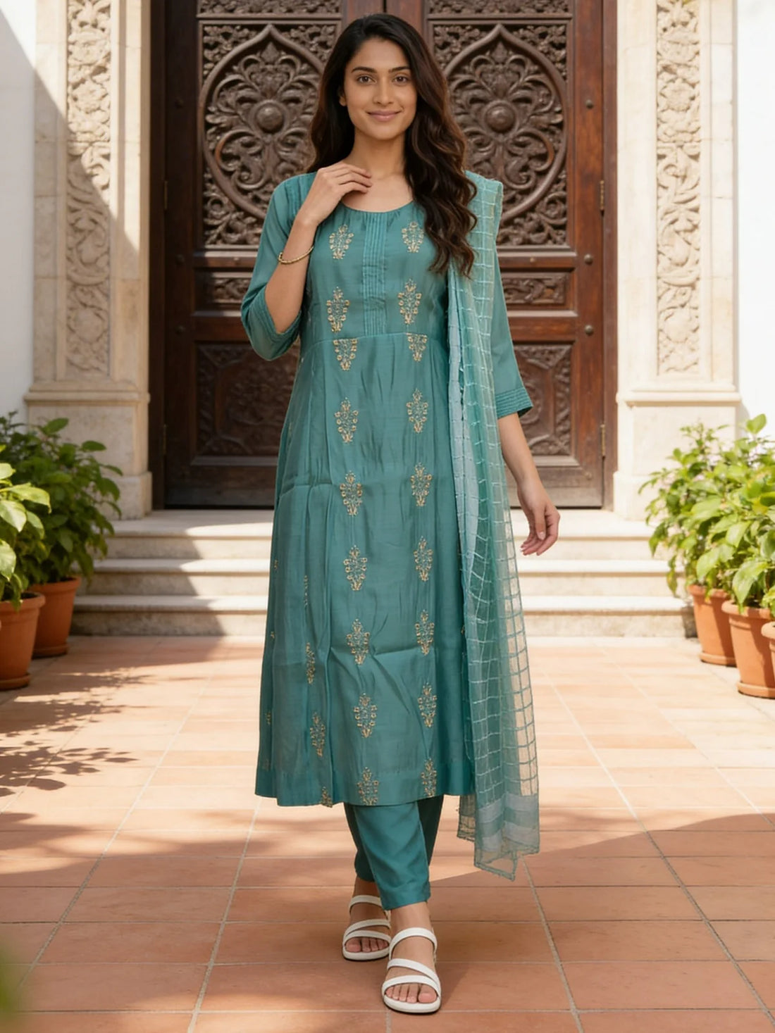 Buy Chanderi Embroidered Anarkali Calf Length Kurta With Pant and Dupatta-Blue