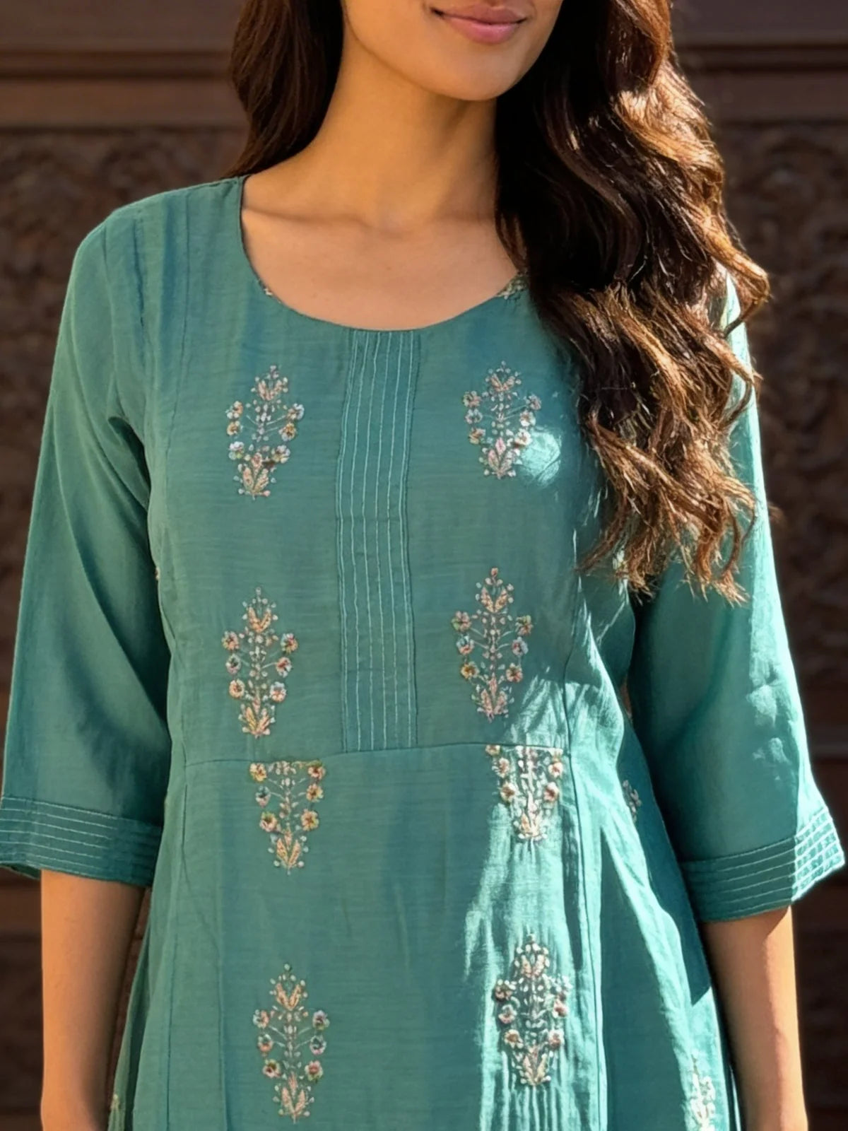 Buy Chanderi Embroidered Anarkali Calf Length Kurta With Pant and Dupatta-Blue