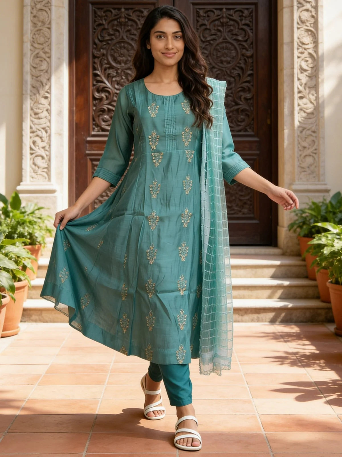 Buy Chanderi Embroidered Anarkali Calf Length Kurta With Pant and Dupatta-Blue