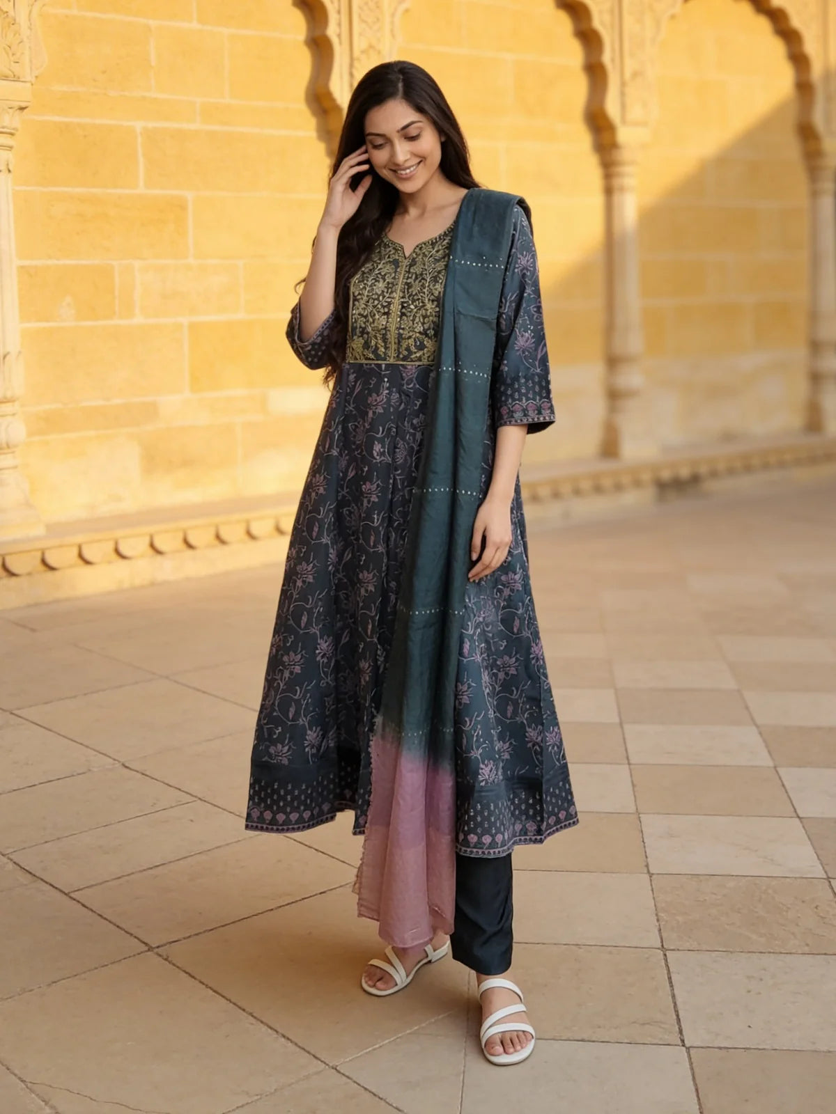 Buy Poly Viscose Embroidered  Anarkali Calf Length Kurta With Pant and Dupatta-Blue