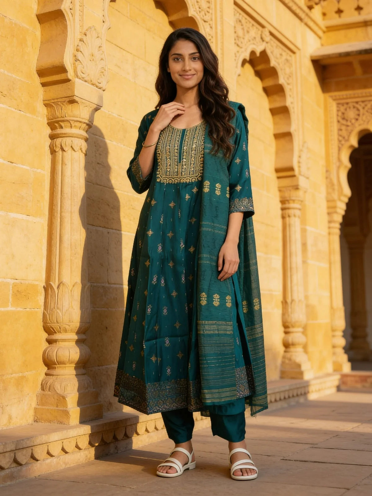 Buy Poly Viscose Embroidered Anarkali Calf Length Kurta With Pant and Dupatta-Green