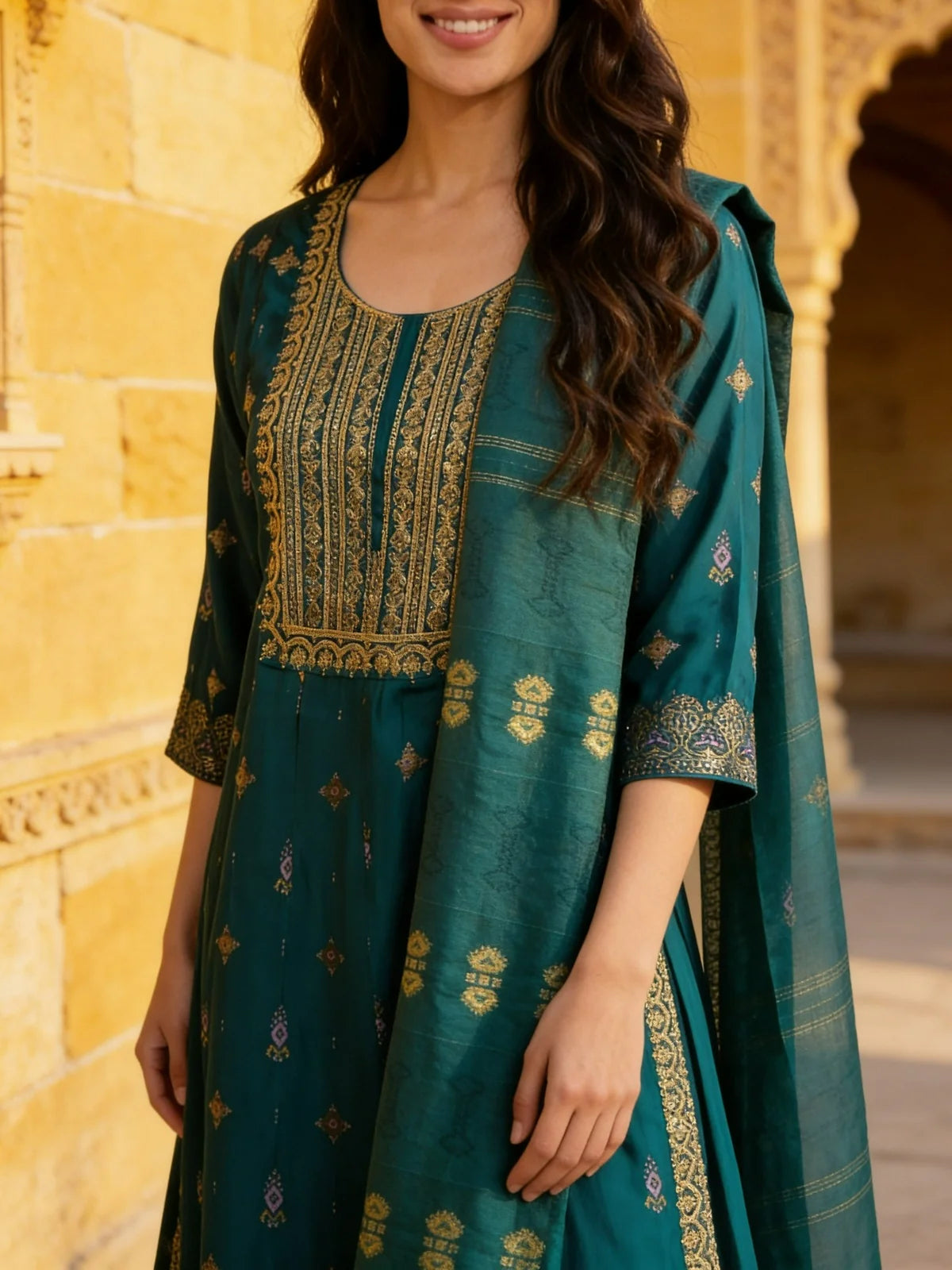 Buy Poly Viscose Embroidered Anarkali Calf Length Kurta With Pant and Dupatta-Green