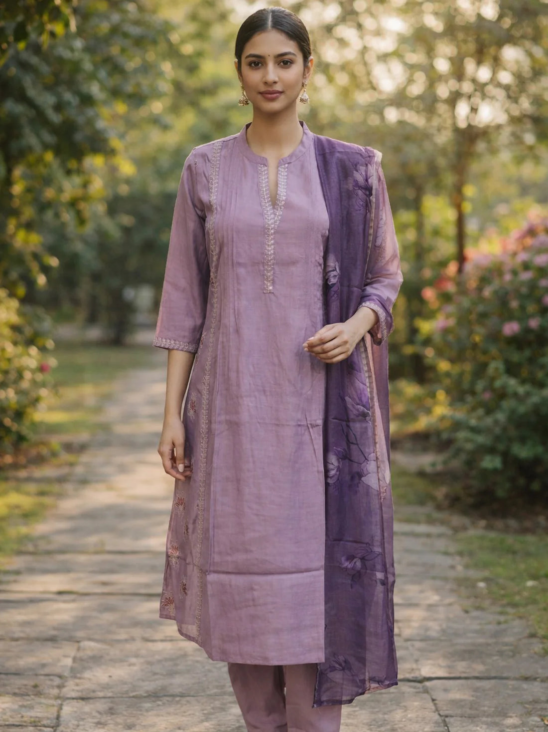 Buy Poly Viscose Embroidered Straight Calf Length Kurta With Pant and Dupatta-Mauve