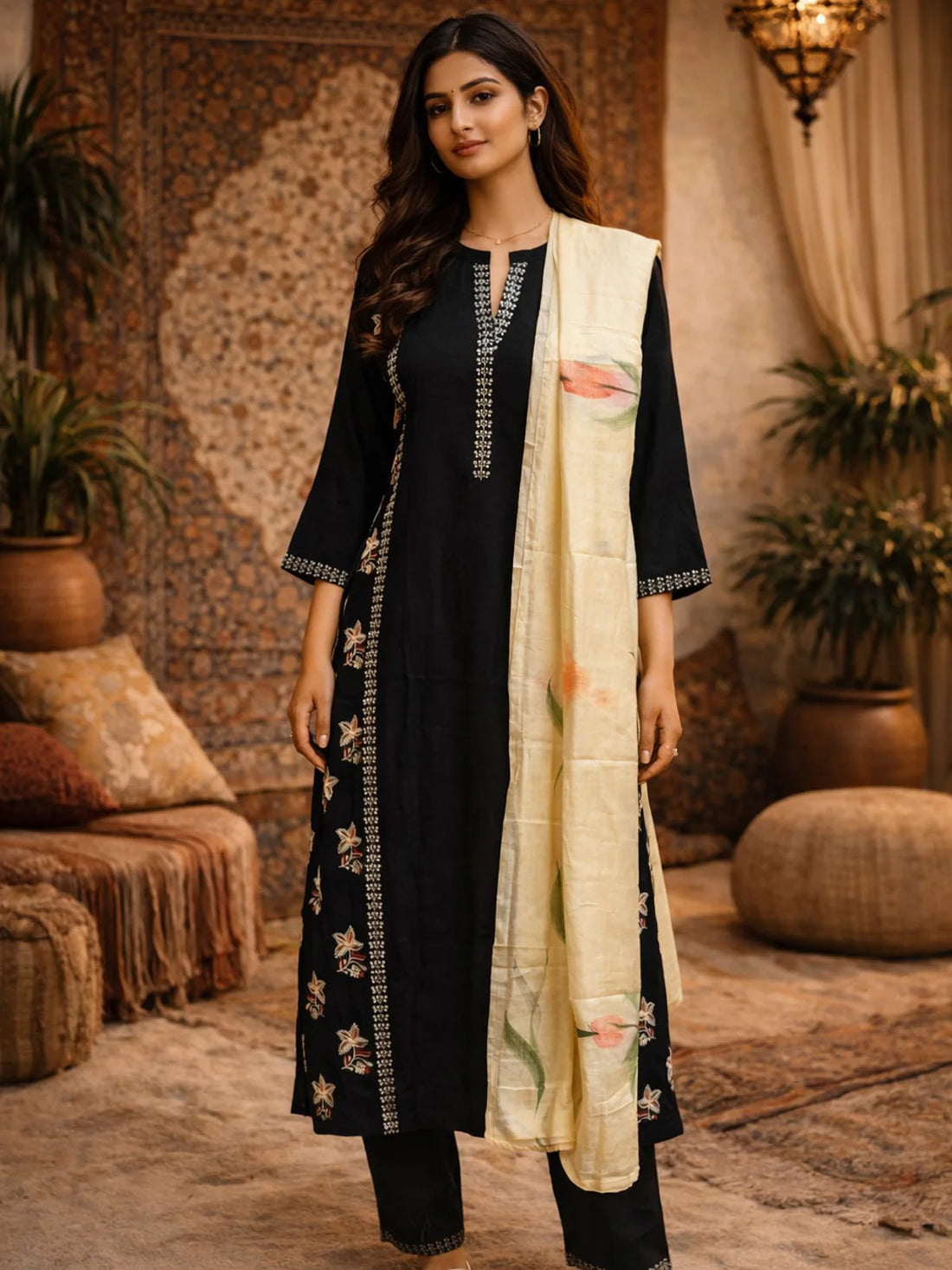 Buy Poly Viscose Embroidered Flared Calf Length Kurta with Pant and Dupatta-Black