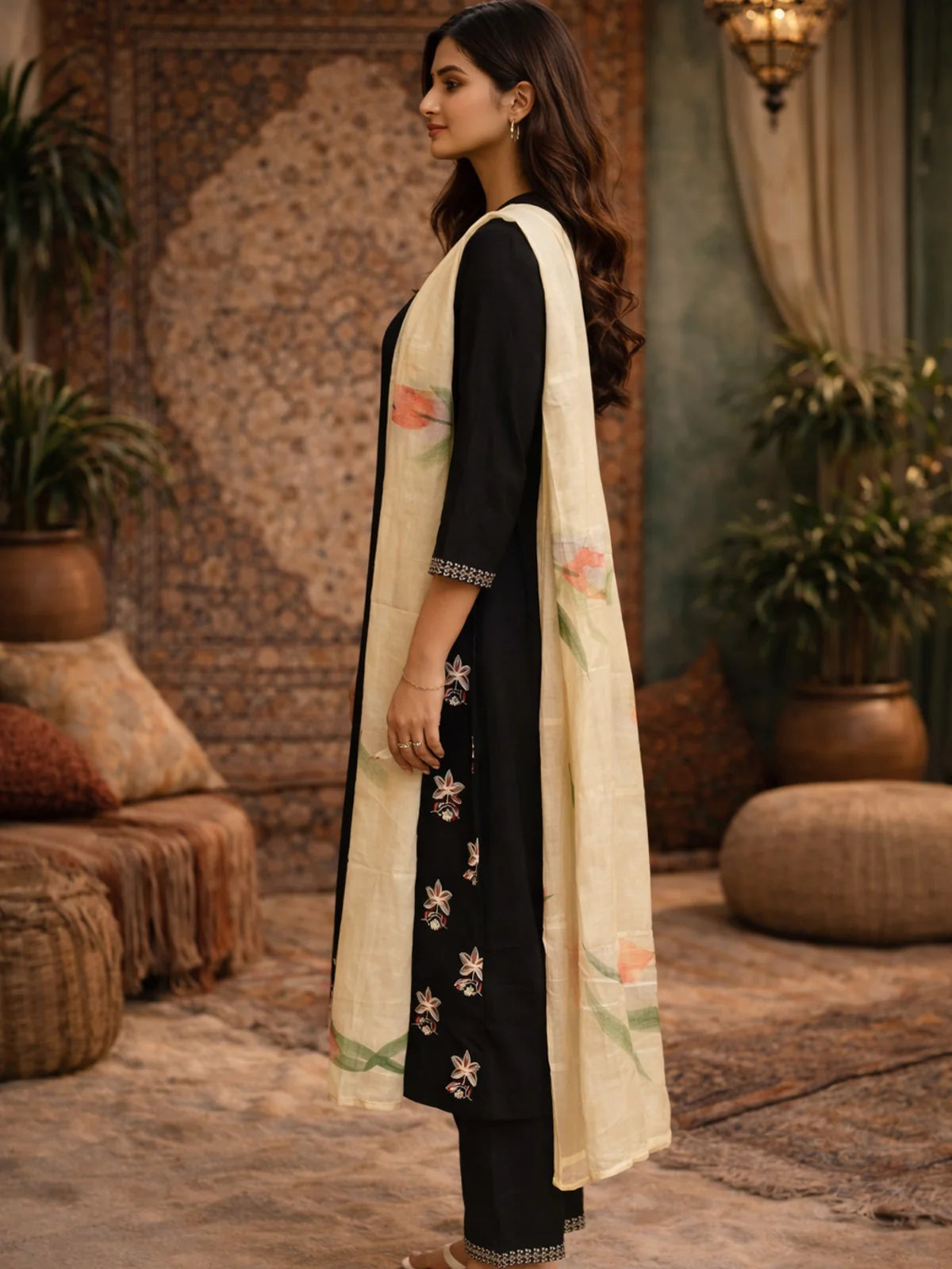 Buy Poly Viscose Embroidered Flared Calf Length Kurta with Pant and Dupatta-Black