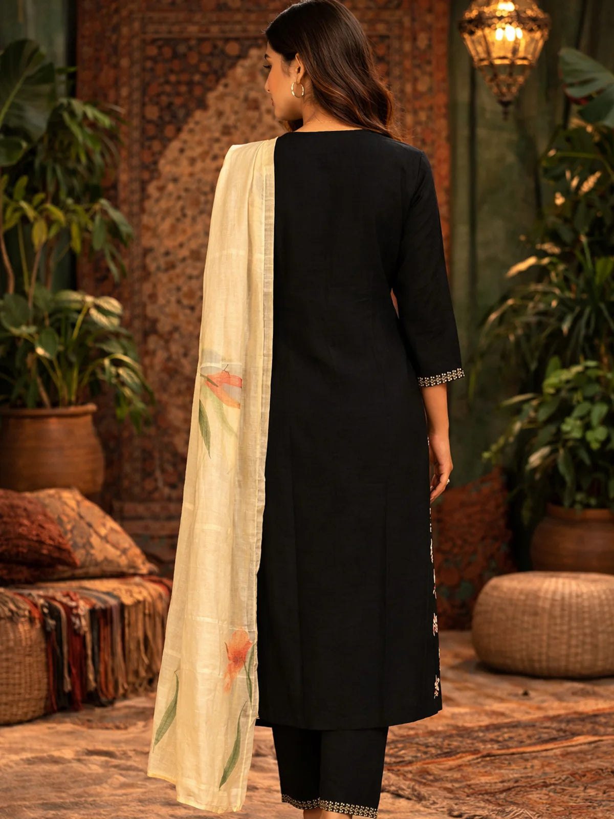 Buy Poly Viscose Embroidered Flared Calf Length Kurta with Pant and Dupatta-Black
