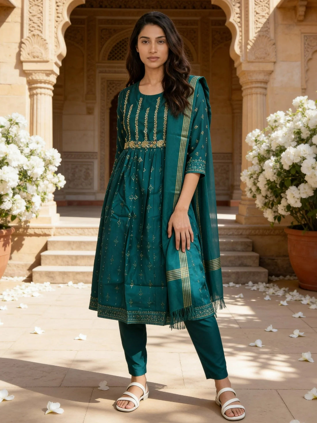 Buy Teal Poly Viscose Embroidered Anarkali Calf Length Kurta With Pant and Dupatta-Teal