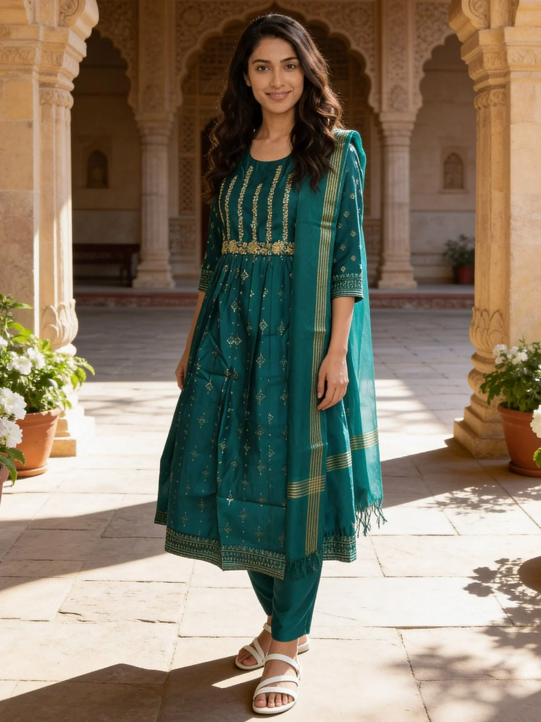 Buy Teal Poly Viscose Embroidered Anarkali Calf Length Kurta With Pant and Dupatta-Teal