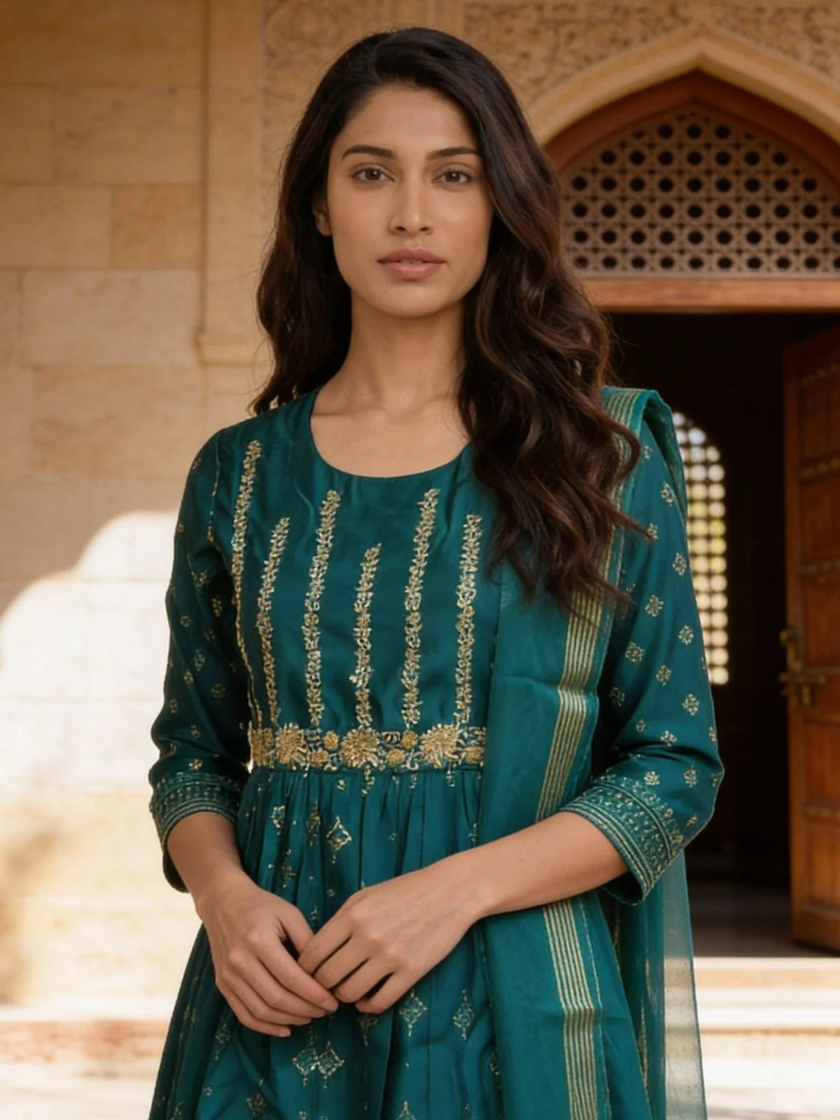 Buy Teal Poly Viscose Embroidered Anarkali Calf Length Kurta With Pant and Dupatta-Teal