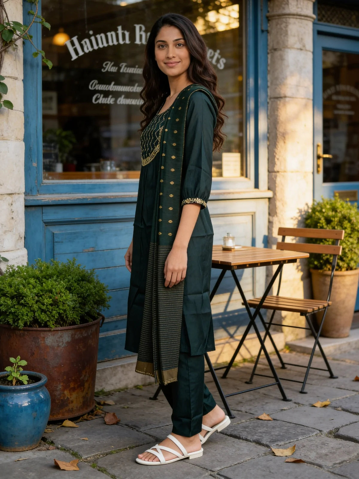 Buy Poly Viscose Embroidered Anarkali Calf Length Kurta With Pant and Dupatta-Green