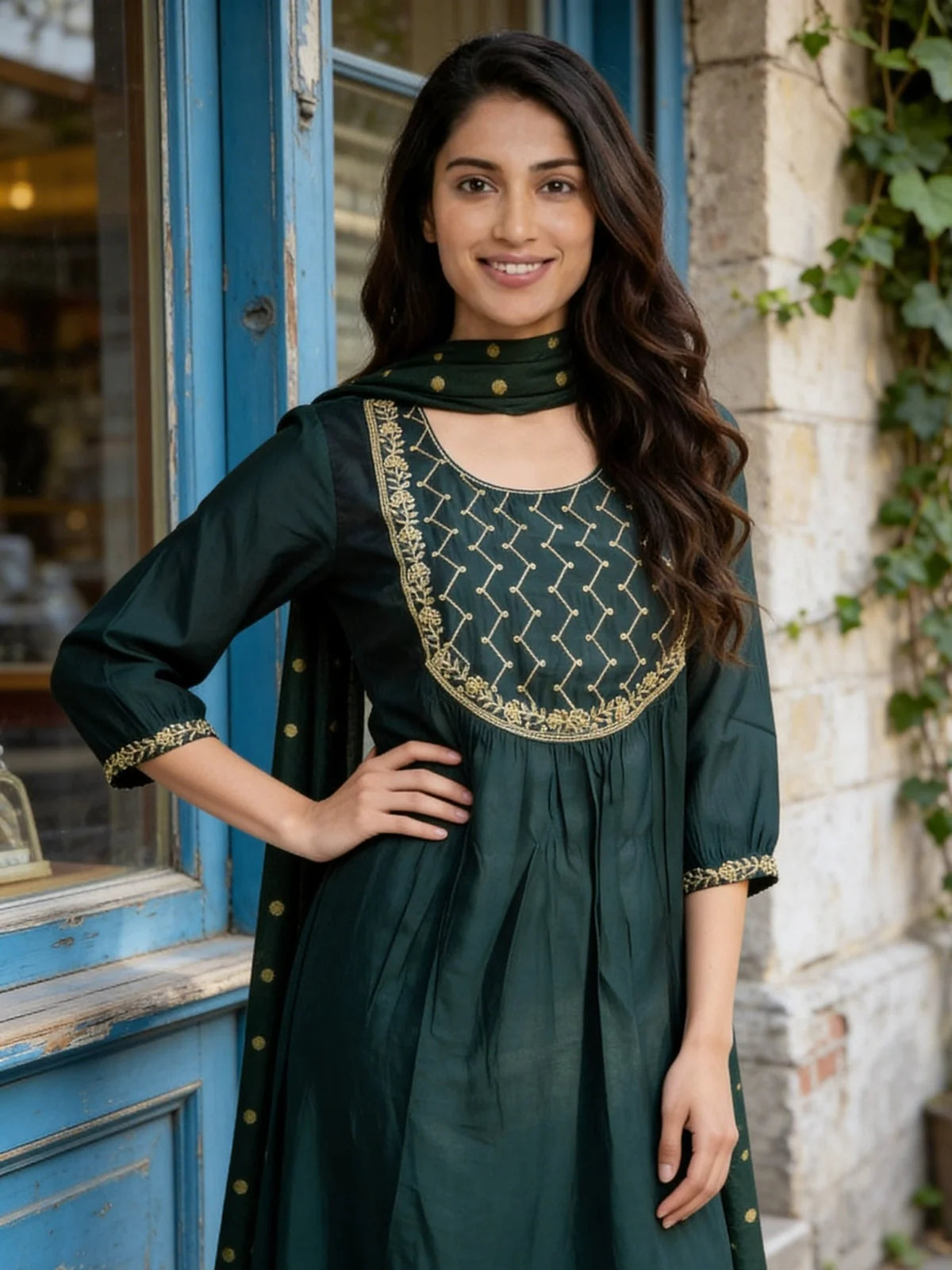 Buy Poly Viscose Embroidered Anarkali Calf Length Kurta With Pant and Dupatta-Green