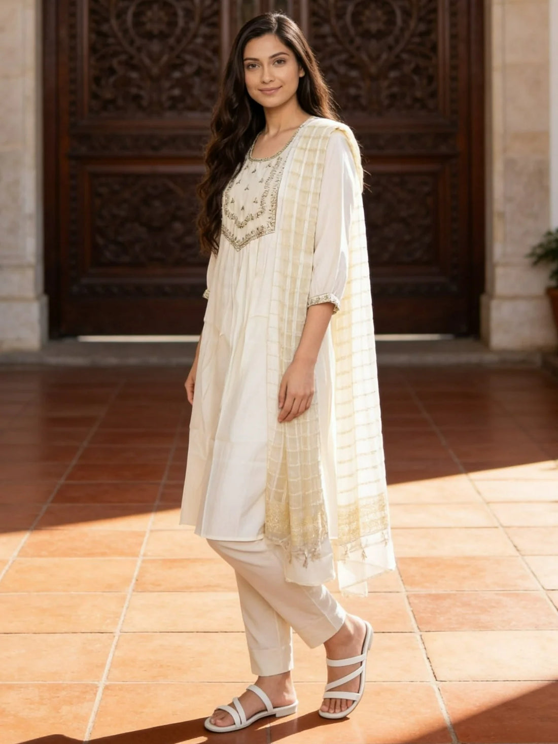 Buy White Poly Viscose Embroidered Anarkali Calf Length Kurta With Pant and Dupatta-Off White