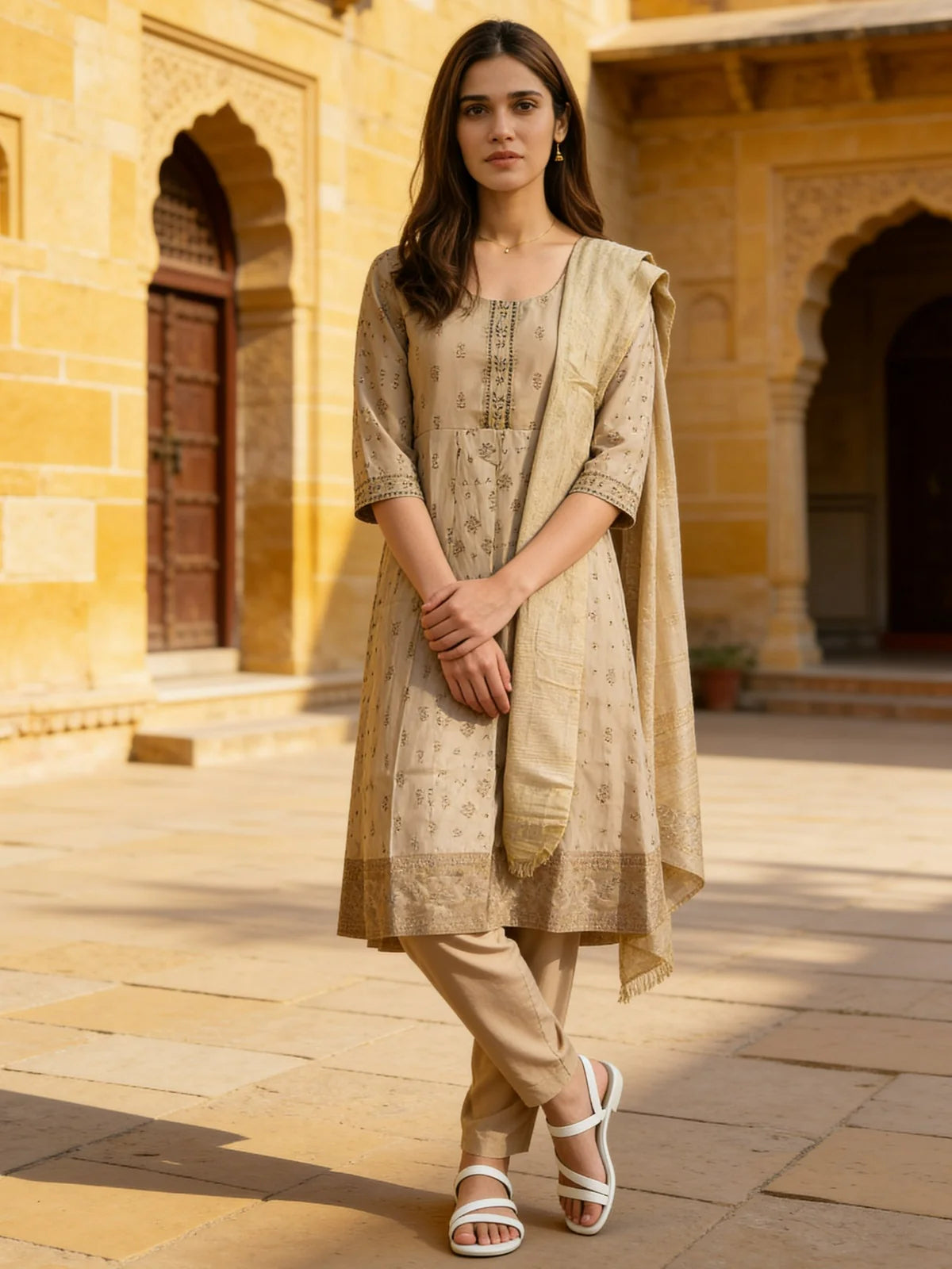 Buy Poly Viscose Embroidered Anarkali Calf Length Kurta With Pant and Dupatta-Beige