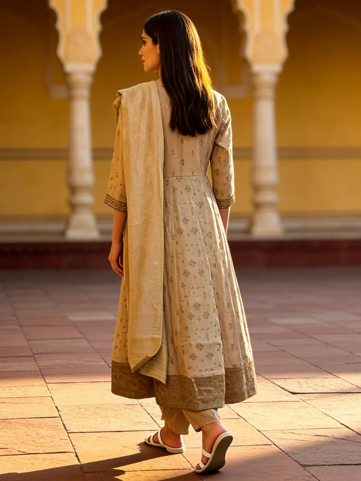 Buy Poly Viscose Embroidered Anarkali Calf Length Kurta With Pant and Dupatta-Beige
