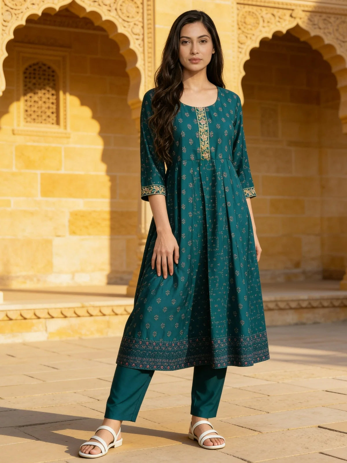 Buy Poly Viscose Embroidered Anarkali Calf Length Kurta With Pant and Dupatta-Turquoise