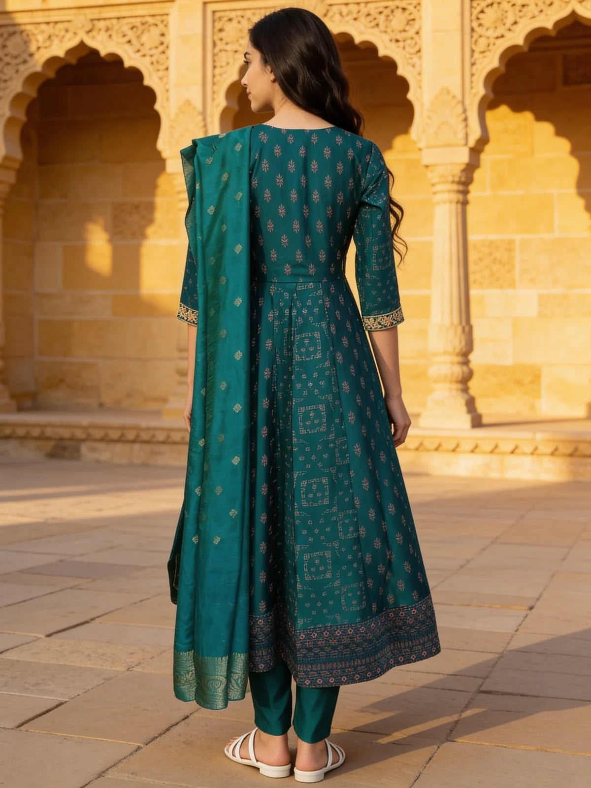 Buy Poly Viscose Embroidered Anarkali Calf Length Kurta With Pant and Dupatta-Turquoise