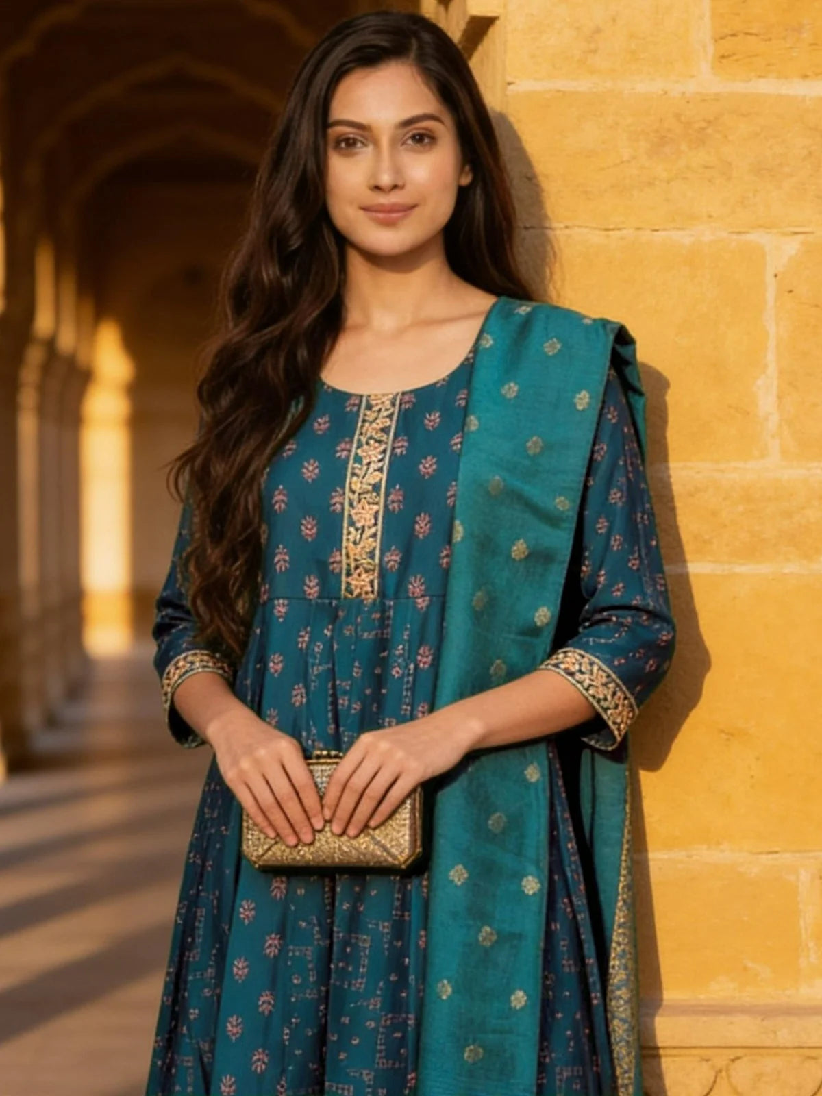 Buy Poly Viscose Embroidered Anarkali Calf Length Kurta With Pant and Dupatta-Turquoise