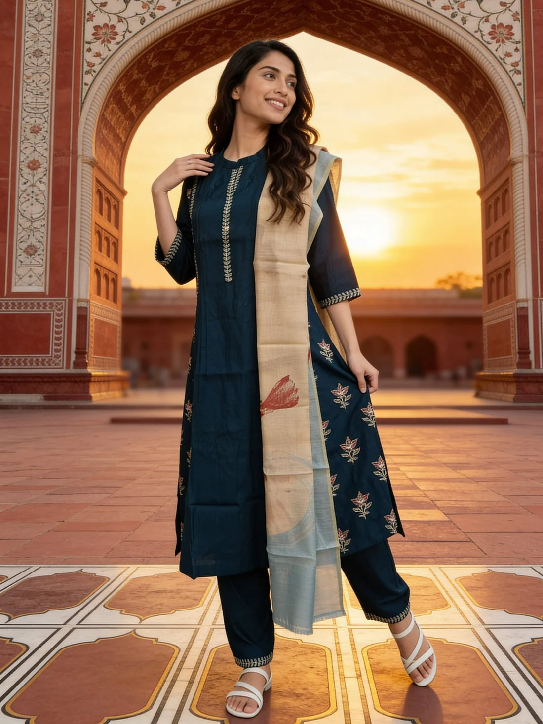 Buy Poly Viscose Embroidered Straight Calf Length Kurta With Pant and Dupatta-Blue