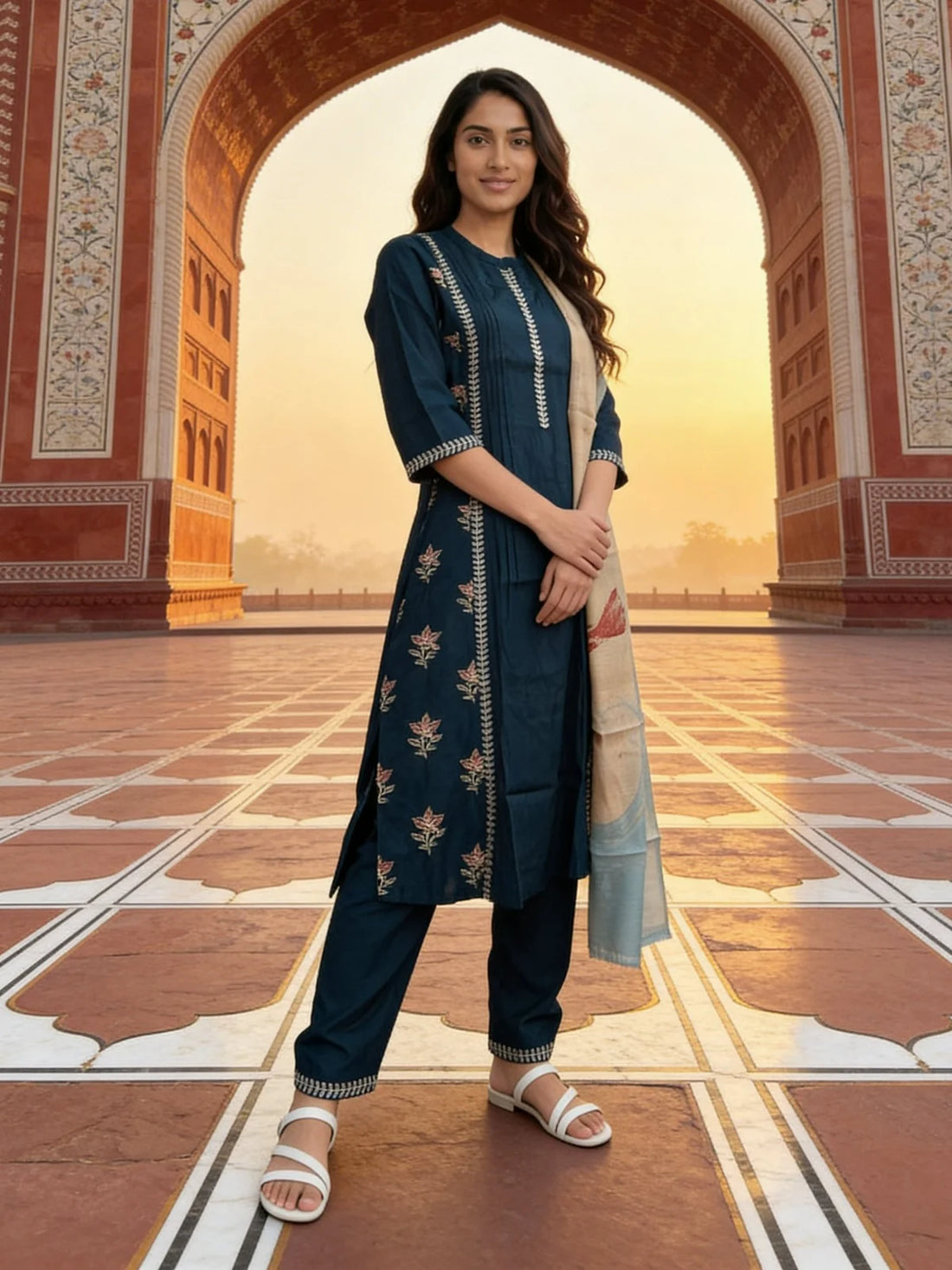 Buy Poly Viscose Embroidered  Straight Calf Length Kurta With Pant and Dupatta-Blue