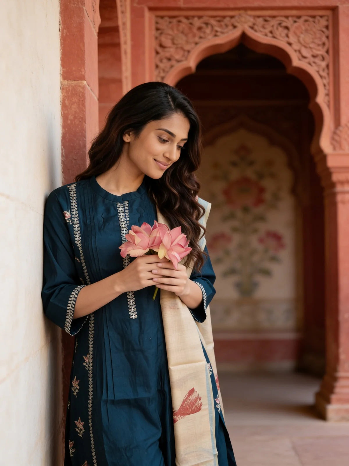 Buy Poly Viscose Embroidered  Straight Calf Length Kurta With Pant and Dupatta-Blue