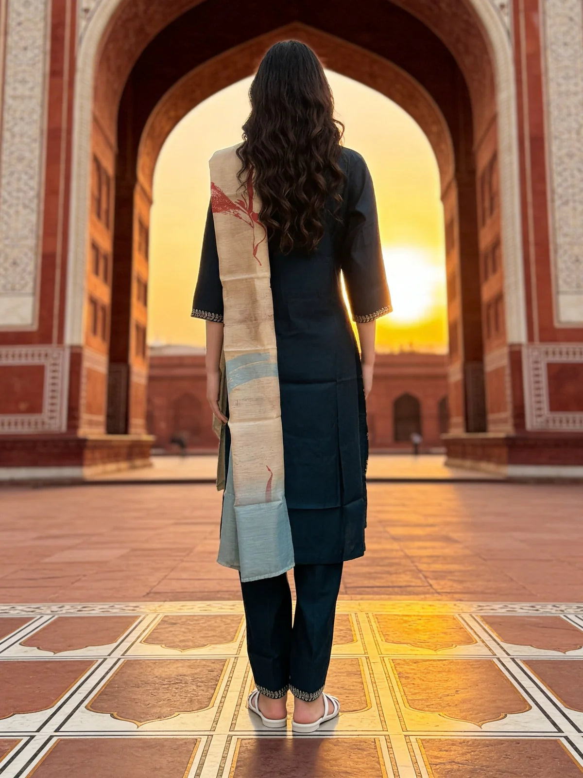 Buy Poly Viscose Embroidered  Straight Calf Length Kurta With Pant and Dupatta-Blue