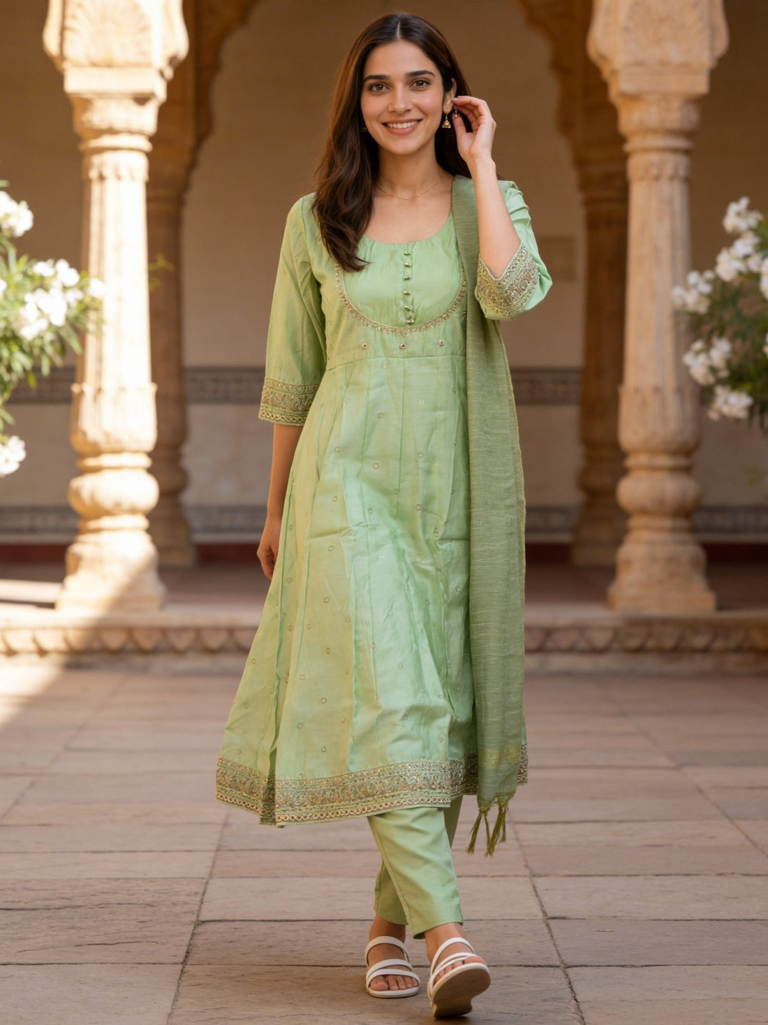 Buy Poly Viscose Embroidered Anarkali Calf Length Kurta With Pant and Dupatta-Green