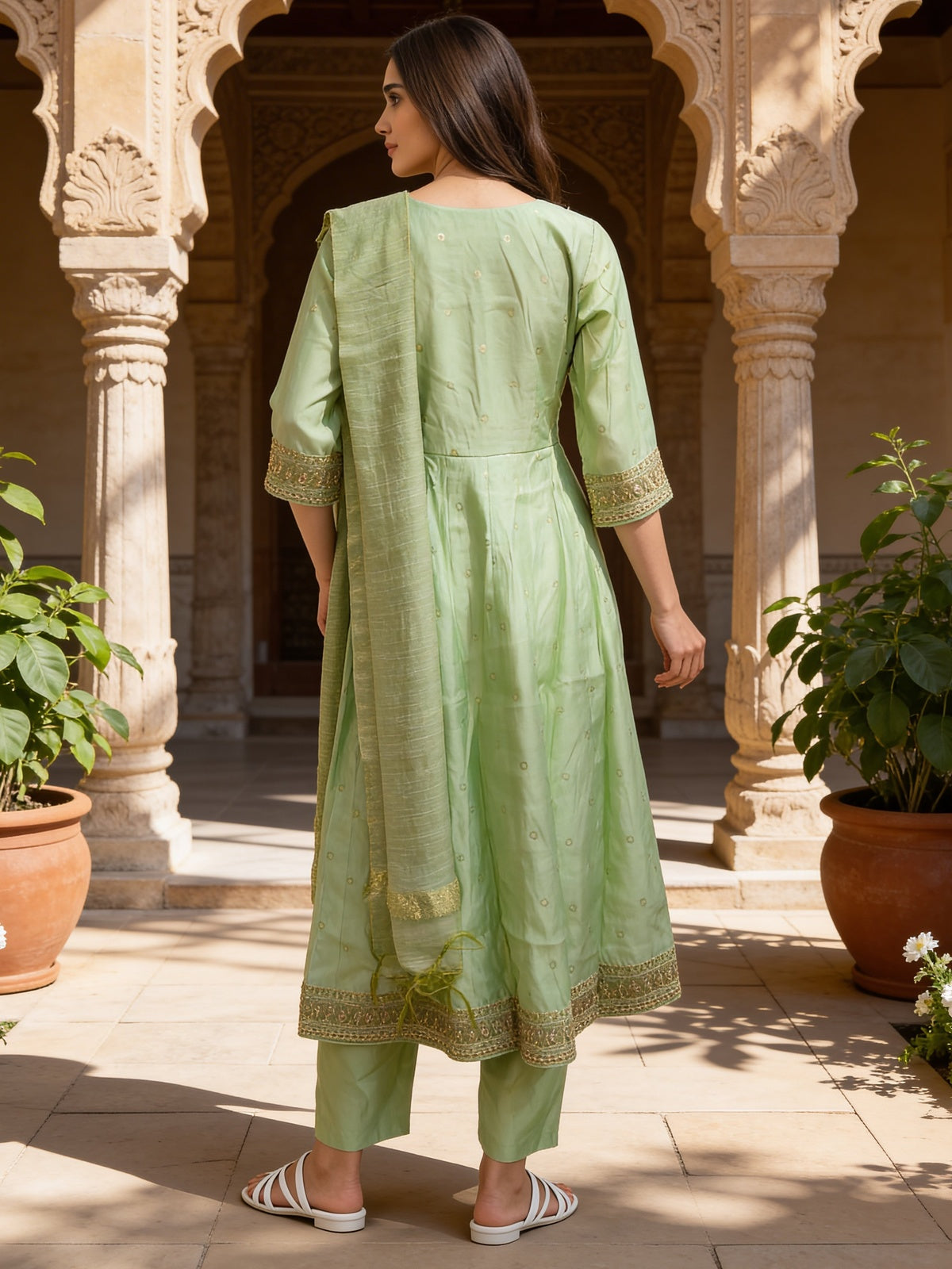 Poly Viscose Embroidered Anarkali Calf Length Kurta With Pant and Dupatta