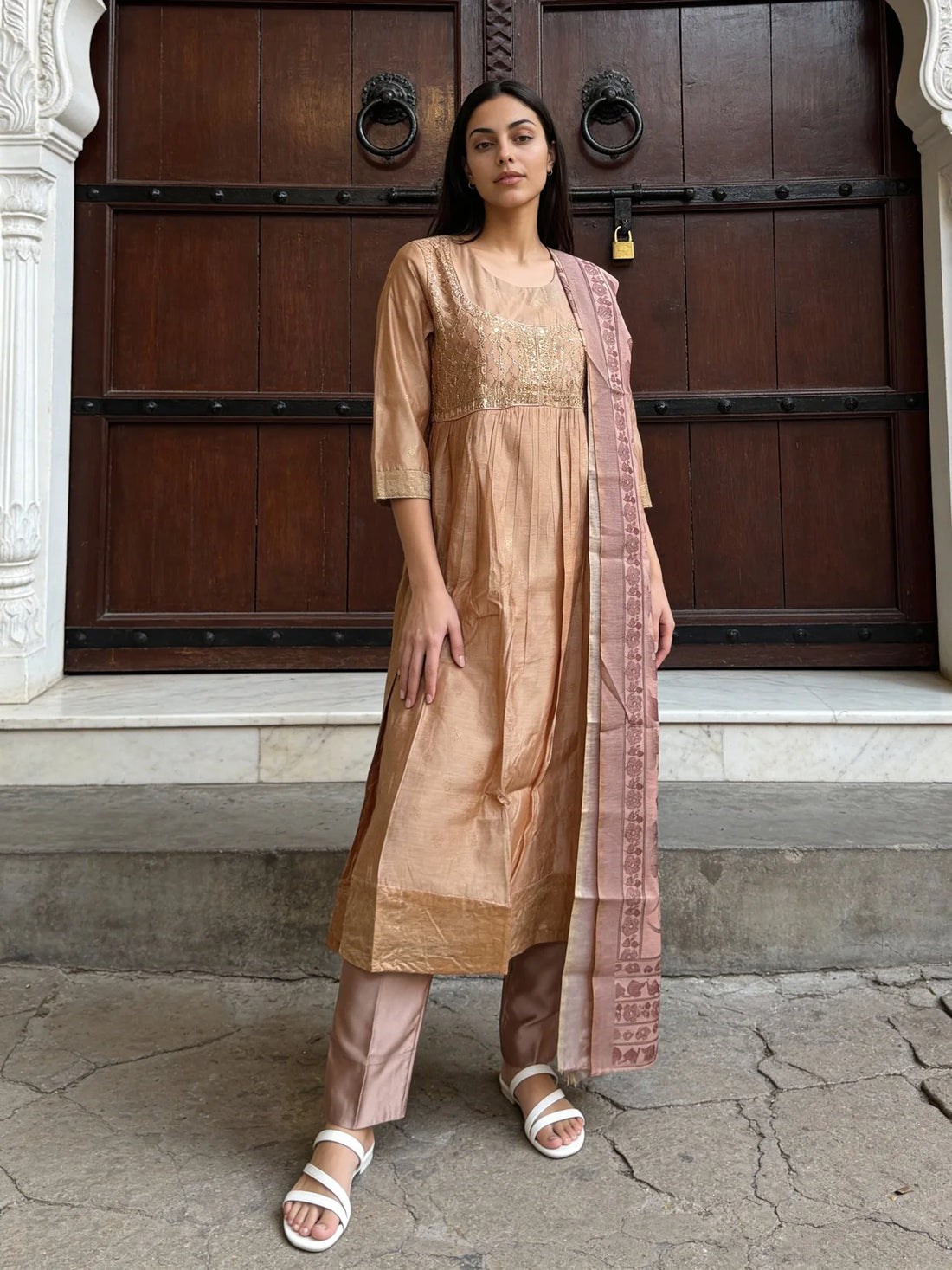 Buy Poly Viscose Embroidered Anarkali Calf Length Kurta and Pant With Dupatta-Peach