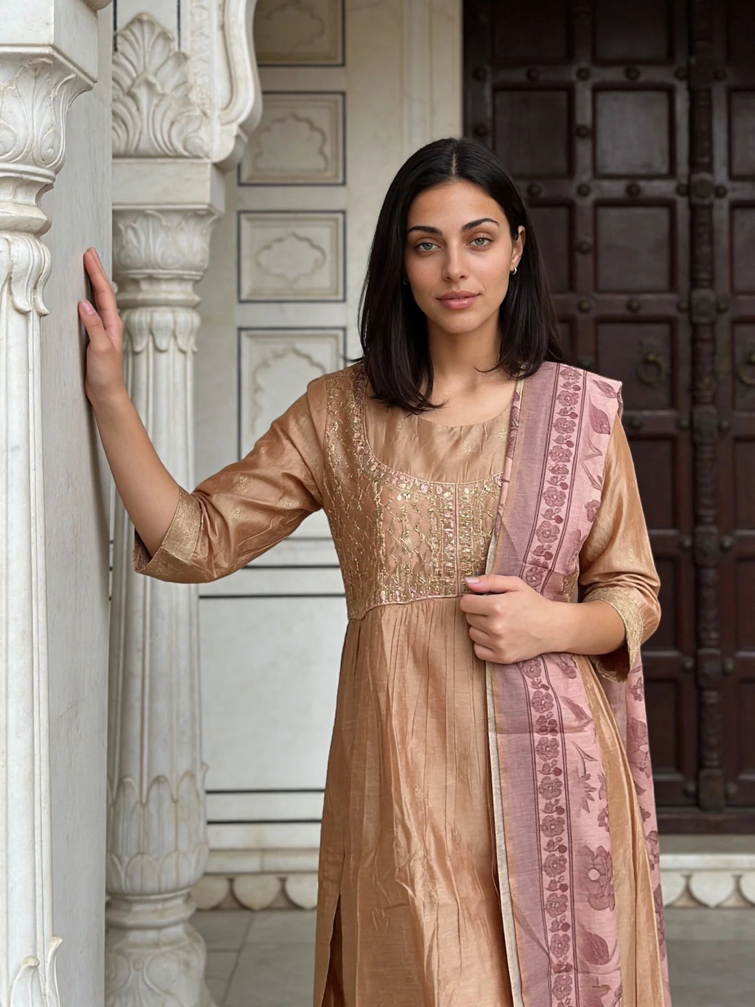 Buy Poly Viscose Embroidered Anarkali Calf Length Kurta and Pant With Dupatta-Peach