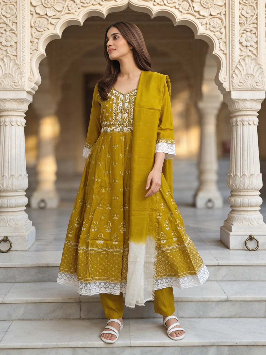 Buy Poly Viscose Embroidered Anarkali Calf Length Kurta With Pant and Dupatta-Mustard
