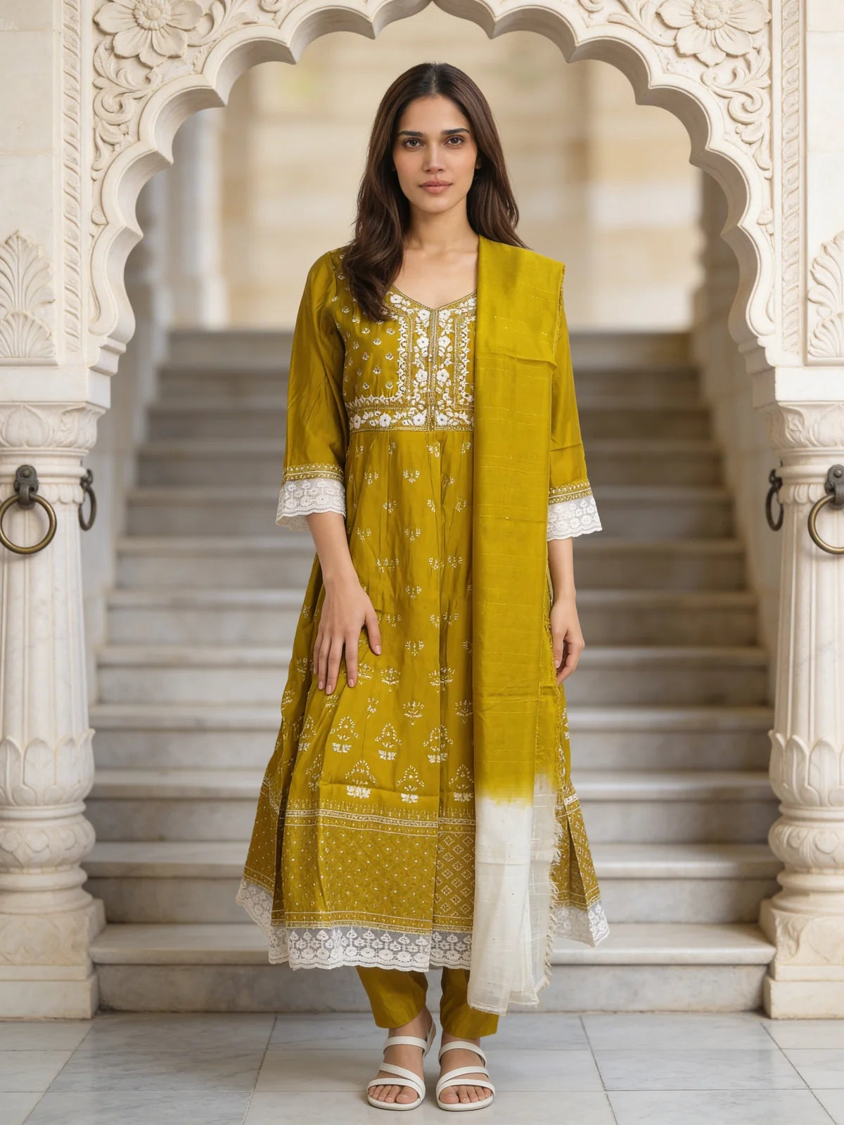 Buy Poly Viscose Embroidered  Anarkali Calf Length Kurta With Pant and Dupatta-Mustard