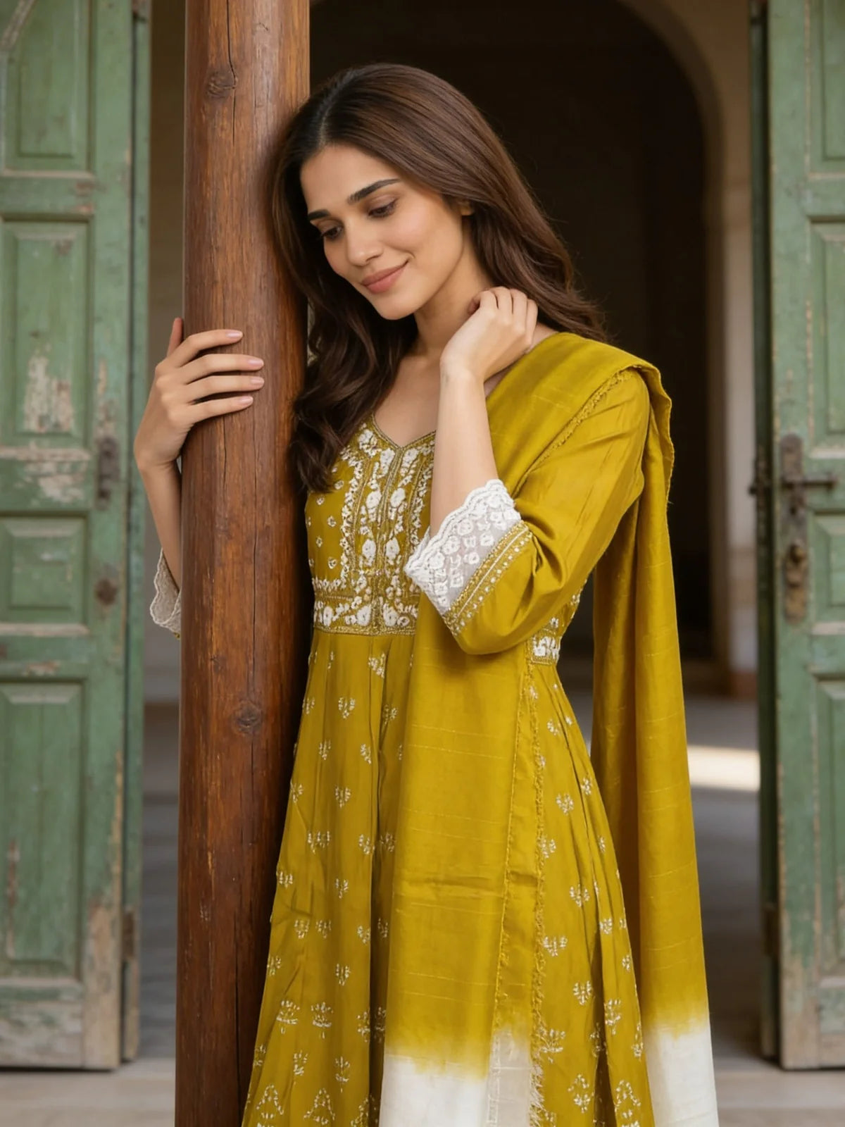 Buy Poly Viscose Embroidered  Anarkali Calf Length Kurta With Pant and Dupatta-Mustard