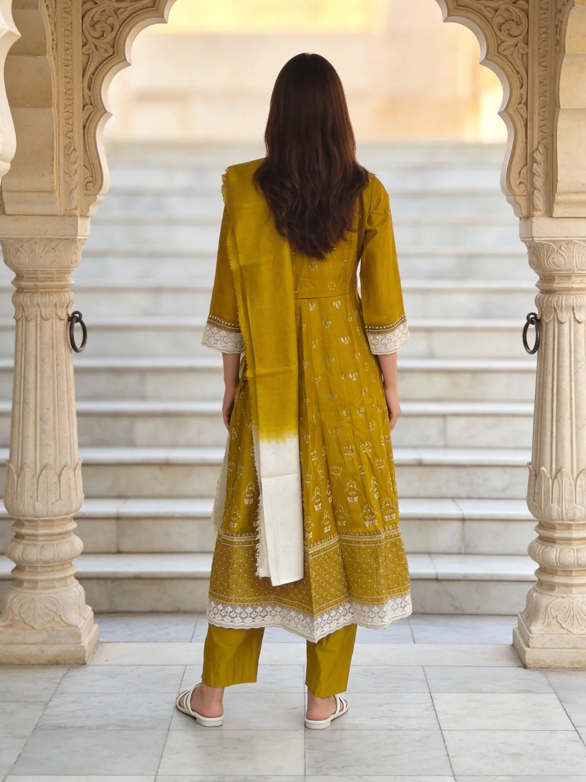 Buy Poly Viscose Embroidered  Anarkali Calf Length Kurta With Pant and Dupatta-Mustard