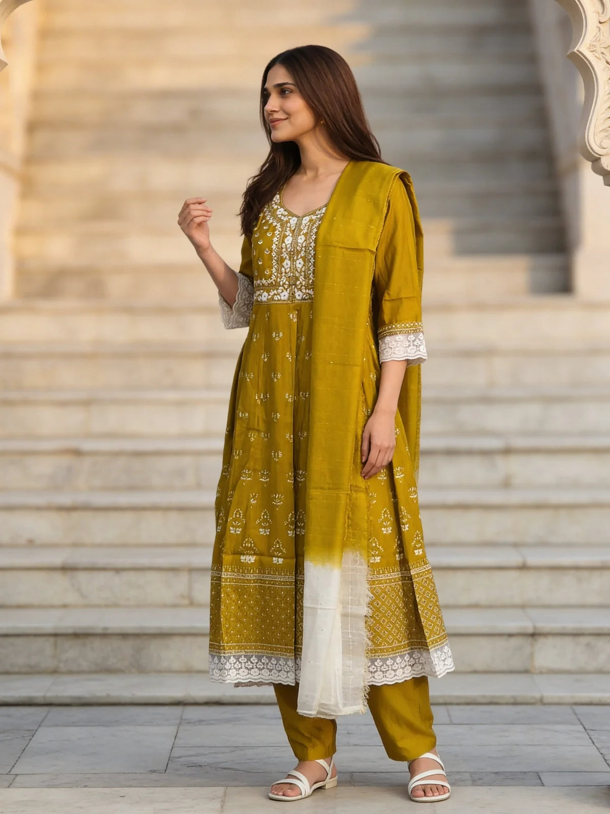 Buy Poly Viscose Embroidered  Anarkali Calf Length Kurta With Pant and Dupatta-Mustard