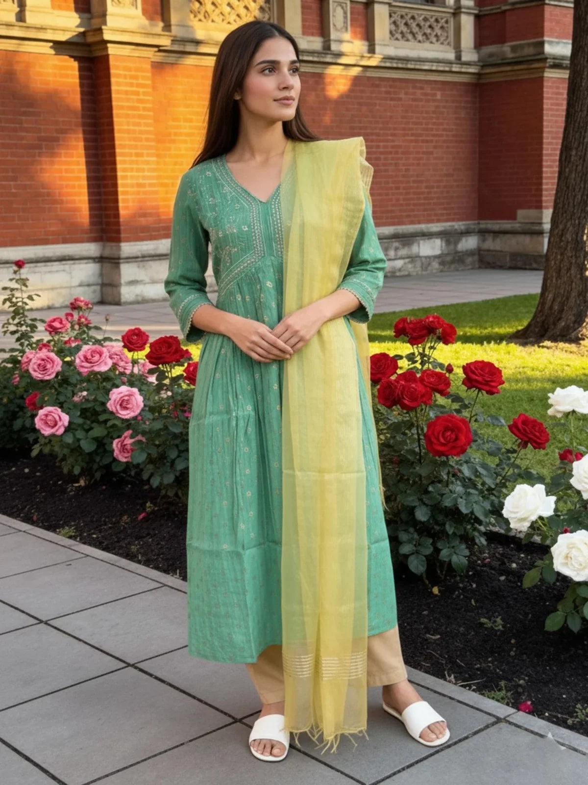 Buy Rayon Embroidered Flared Calf Length Salwar Suit-Sea Green