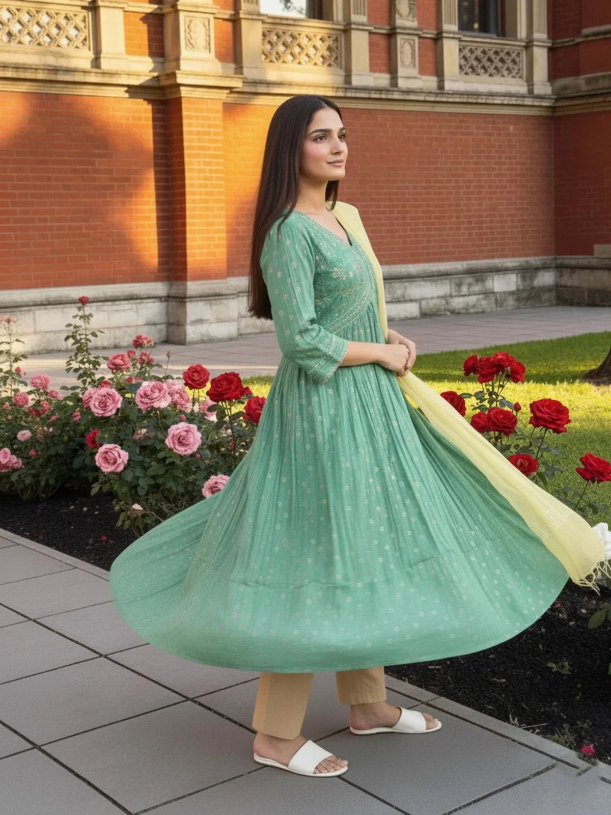 Buy Rayon Embroidered Flared Calf Length Salwar Suit-Sea Green